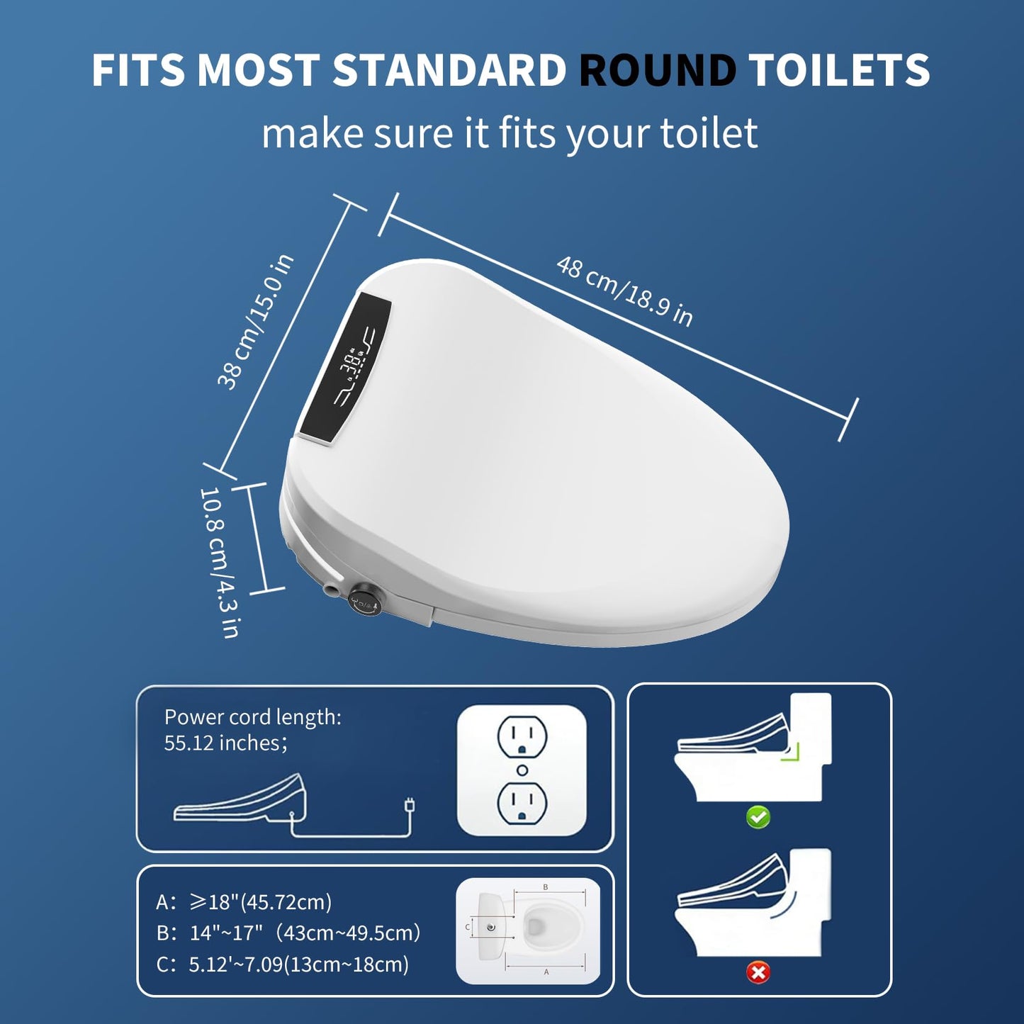 Simenr Electric Bidet Toilet Seat Round, Heated Smart Bidet Seat with Instant Warm Water & Dryer, Self-Cleaning Nozzle, Soft Close Lid, Night Light - Adjustable Temp & Pressure, Remote & Knob Control