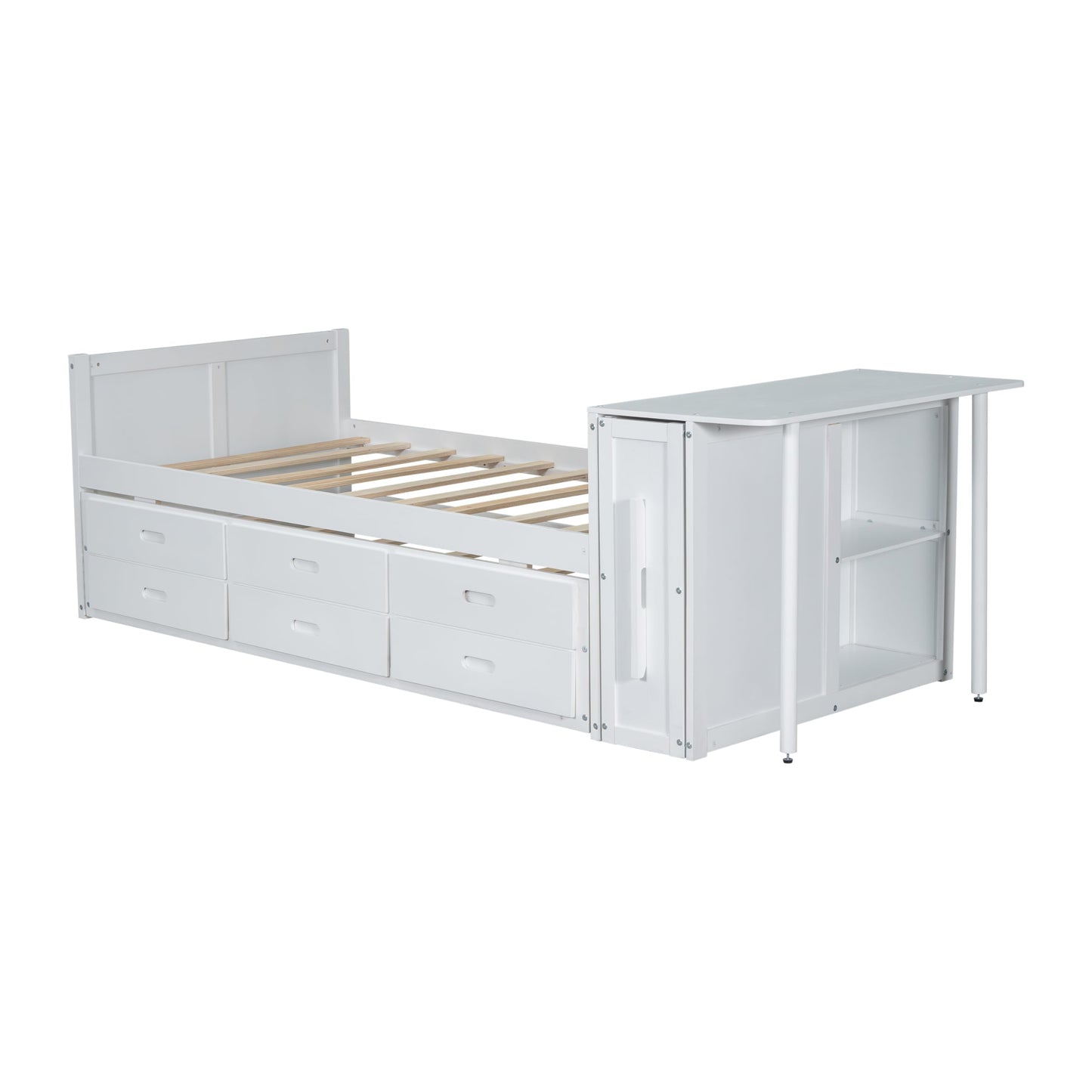 Merax Twin Size Platform Bed with Desk, Storage Shelf, 3 Drawers, Multifunctional Wood Bedframe with Trundle, No Box Spring Needed, Noise Free, White