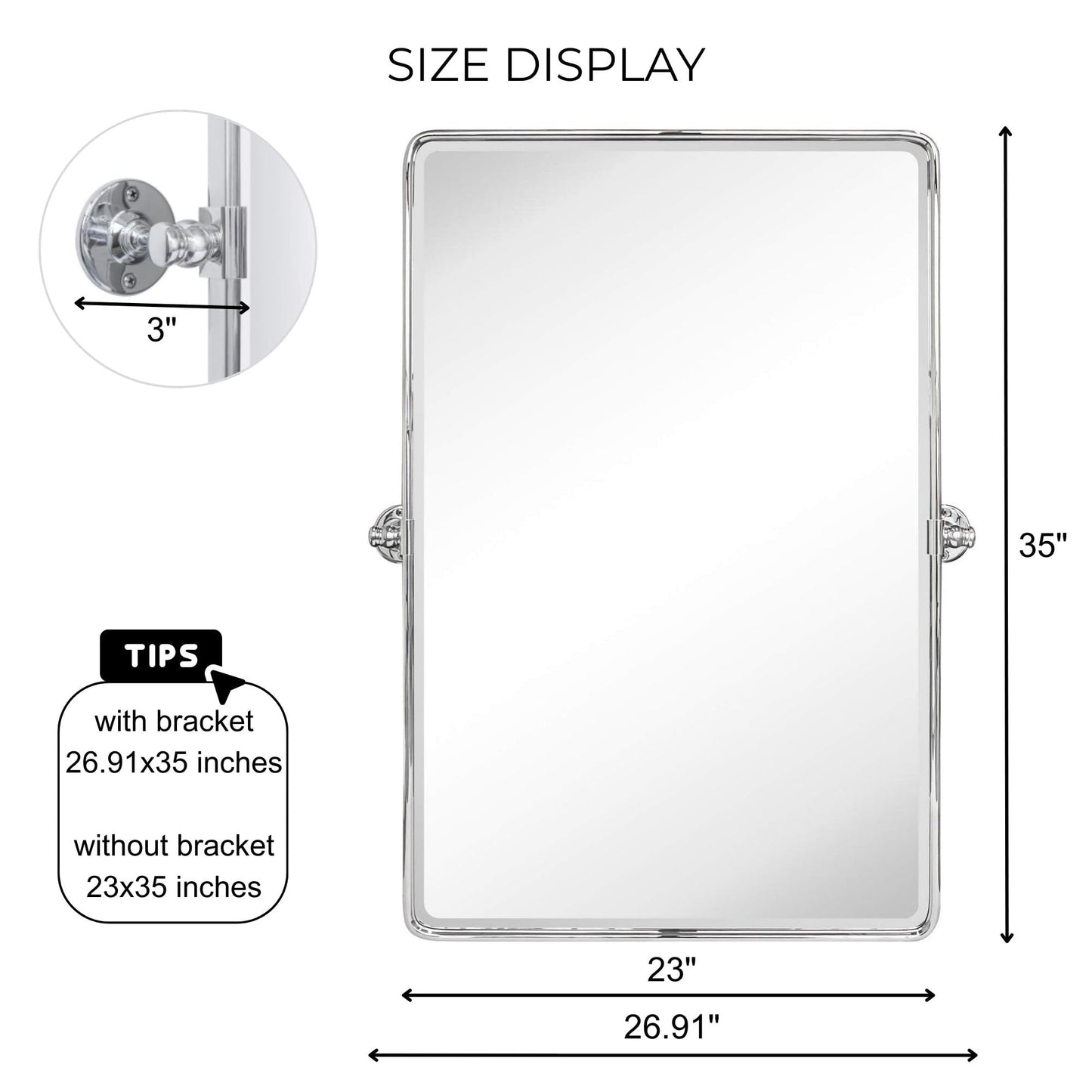 TEHOME Chrome Pivot Rectangle Bathroom Vanity Mirrror Farmhouse Tiltable Rounded Metal Framed Pivoting Bathroom Mirror with Beveled Mirrror, Overall 26.91 x 35 inches (Mirrror 23 x 35 inches)