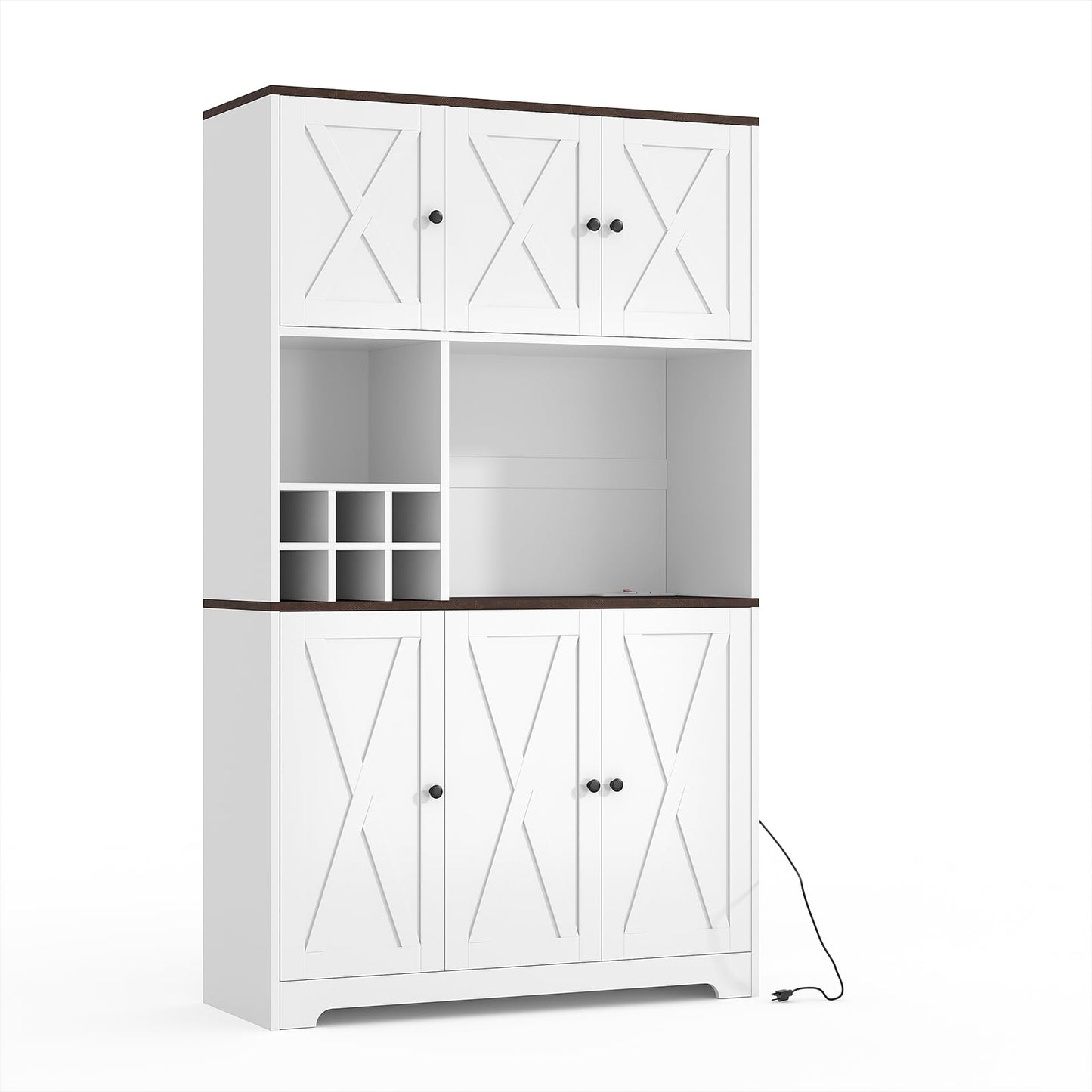 Garvee 71" Tall White Kitchen Pantry Cabinet with Charging Station, Farmhouse Freestanding Cupboard Kitchen Hutch with Microwave Stand & Drawers & Wine Bar Storage Cabinet Sideboard for Dining Room