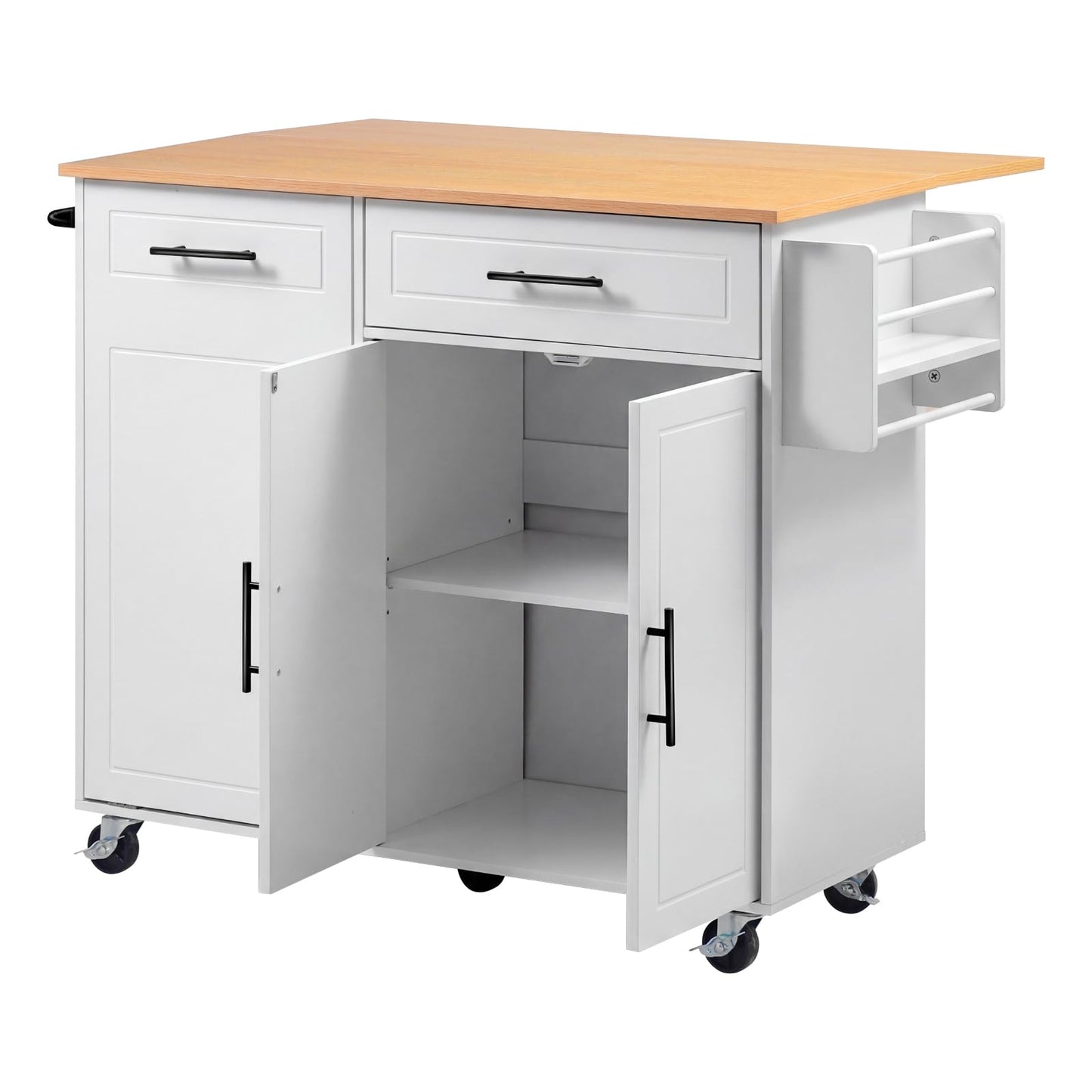 VEVOR Kitchen Island Cart with Storage, 46.06 in Wide Mobile Rolling Storage Island on Swivel Wheels, with Drawer, Storage Cabinet, Drop Leaf, Spice/Towel Rack, Table for Home Dining Room, White