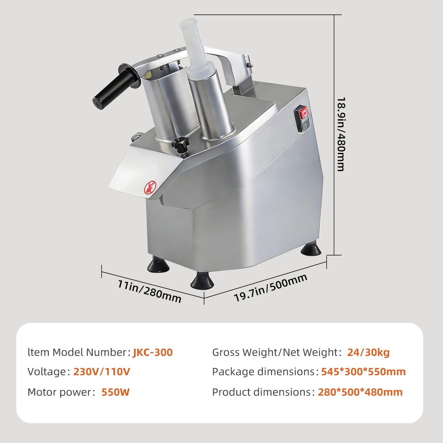 CHEF KEY Commercial Food Processor 550W, 2 Feeding Holes Electric Vegetable Slicer Shredder, 1600 RPM, 5 Blades for 3mm/4mm/7mm Shred, 2mm/4mm Slice, Ideal for Kitchen Restaurant Home Use