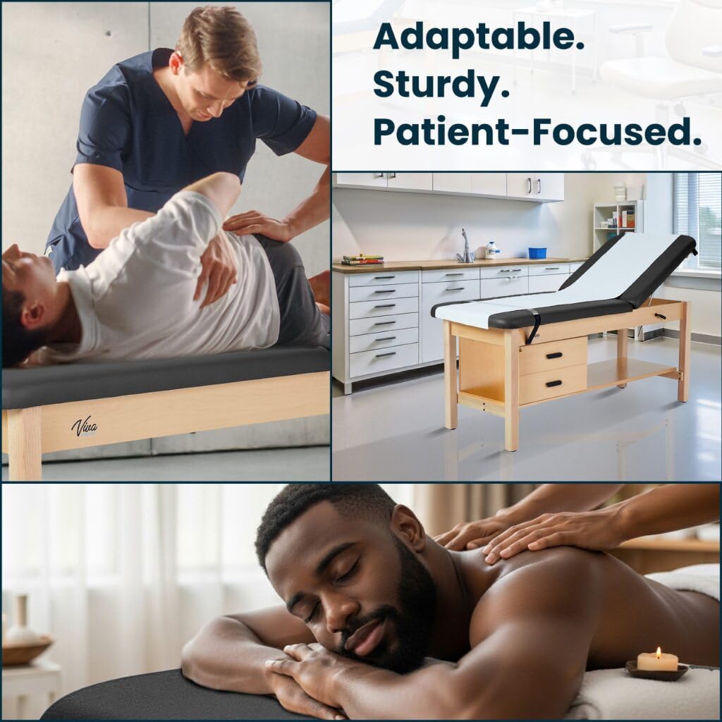 Vivacomfort Aristo H-Brace Tilted Treatment Table with Shelf and Drawers, 500 lbs Weight Capacity, Black