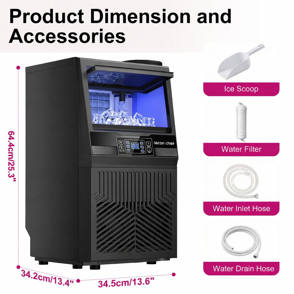 Lecon Chef Freestanding Commercial Ice Maker Machine 80Lbs/24H & Dual Water Inlet, 36 Ice Cubes/Cycle, Adjustable Ice Thickness, Self-Cleaning, 20Lbs Storage Bin for Restaurant, Office