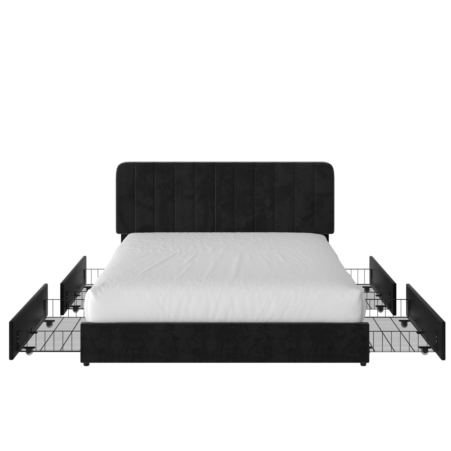 VECELO Full Size Upholstered Bed Frame with 4 Drawers and Headboard, Velvet Platform Storage Bedframe, Wooden Slats Support, No Box Spring Needed,Black