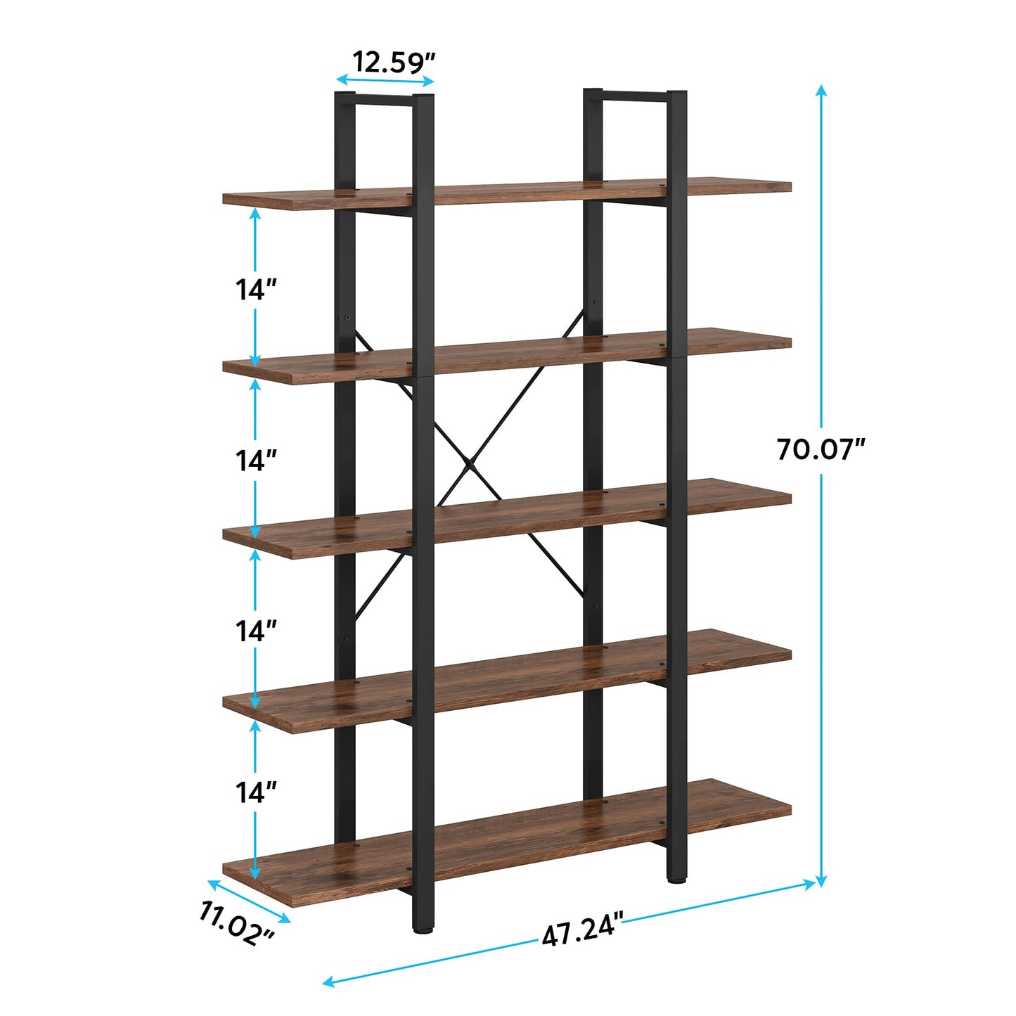 Tribesigns 5-Tier Bookshelf, Vintage Industrial Style Bookcase 72 H x 12 W x 47L Inches