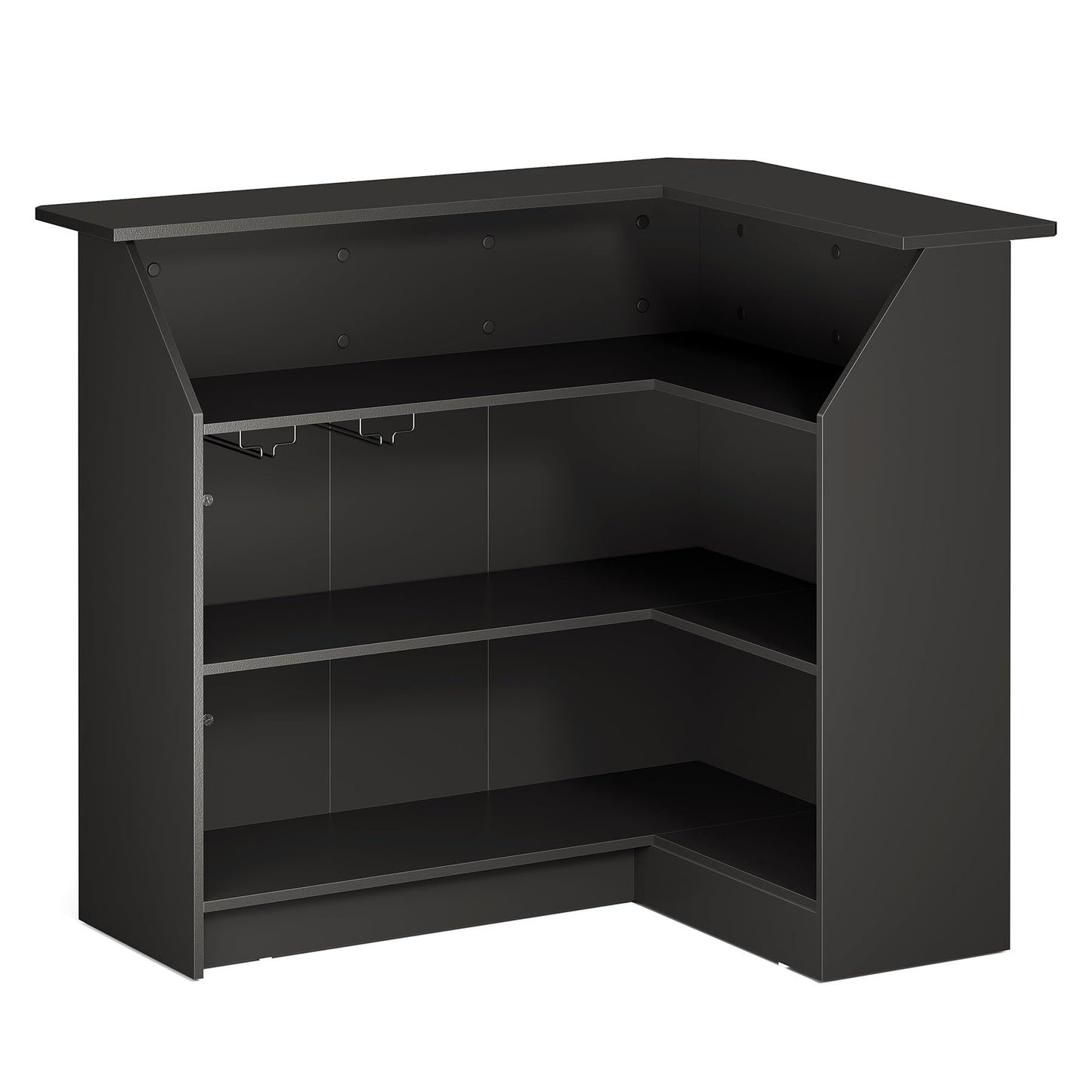 LITTLE TREE Black Bar Cabinet, 4-Tier Home Mini Bar Cabinet with Stemware Rack, Freestanding Wooden Storage Cabinet, Modern L-Shaped Liquor Table Cabinet for Living Room, Dining Room