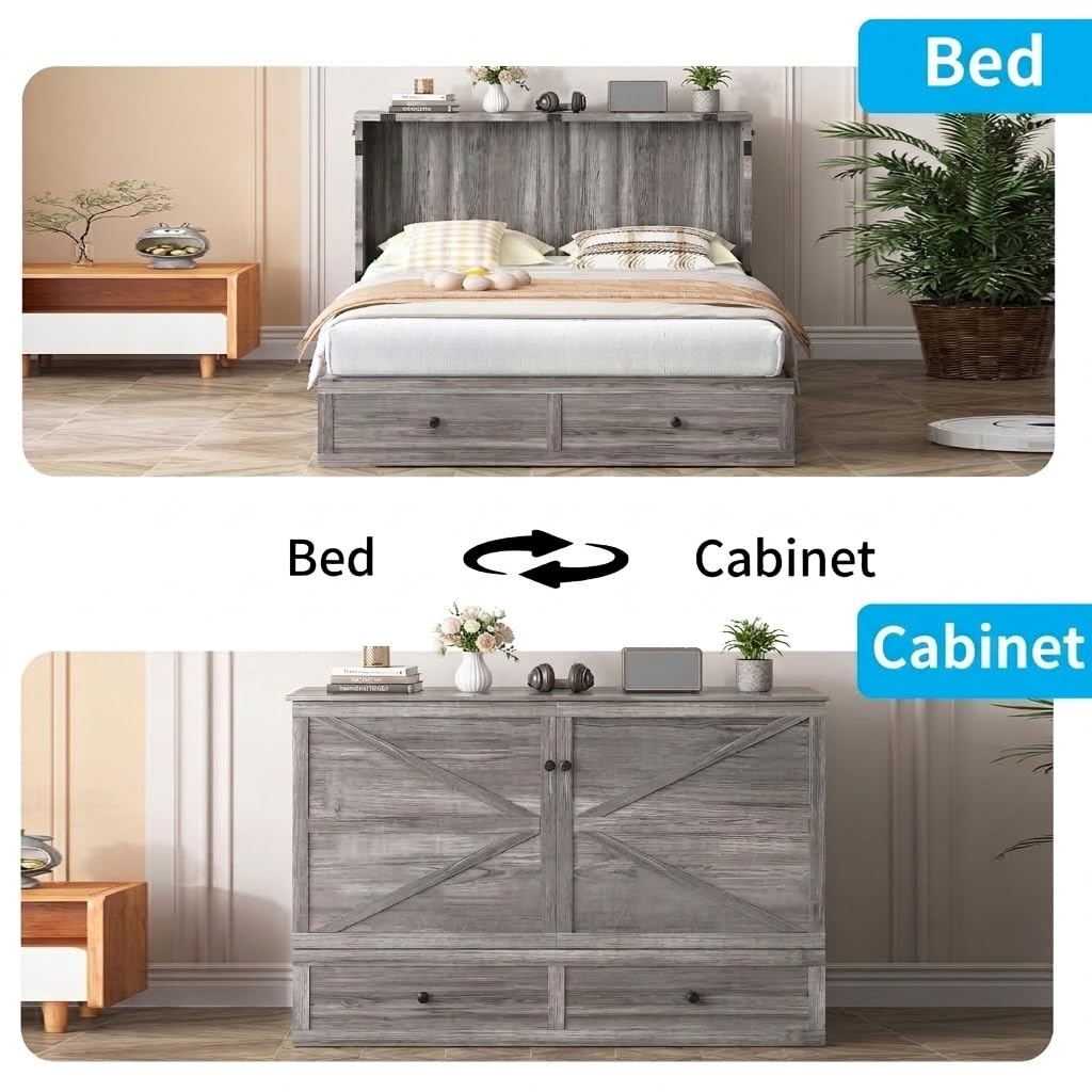 Mjkone Full Size Murphy Bed Cabinet with 5” Tri-Folding Foam Mattress, Foldable Convertible Chest Cabinet Wall Bed with Drawers & USB Charging Station for Small Spaces, Guest Room, Studio, Grey
