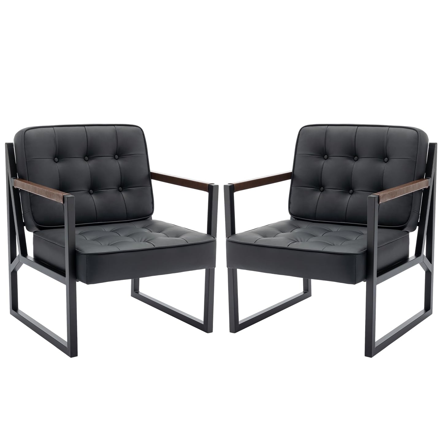 COLAMY Mid Century Modern Accent Chair Set of 2, Comfy Living Room Chair, Black Leather Accent Chair, Faux Leather Reception Armchair with Metal Legs for Living Room Bedroom Reception Office, Black
