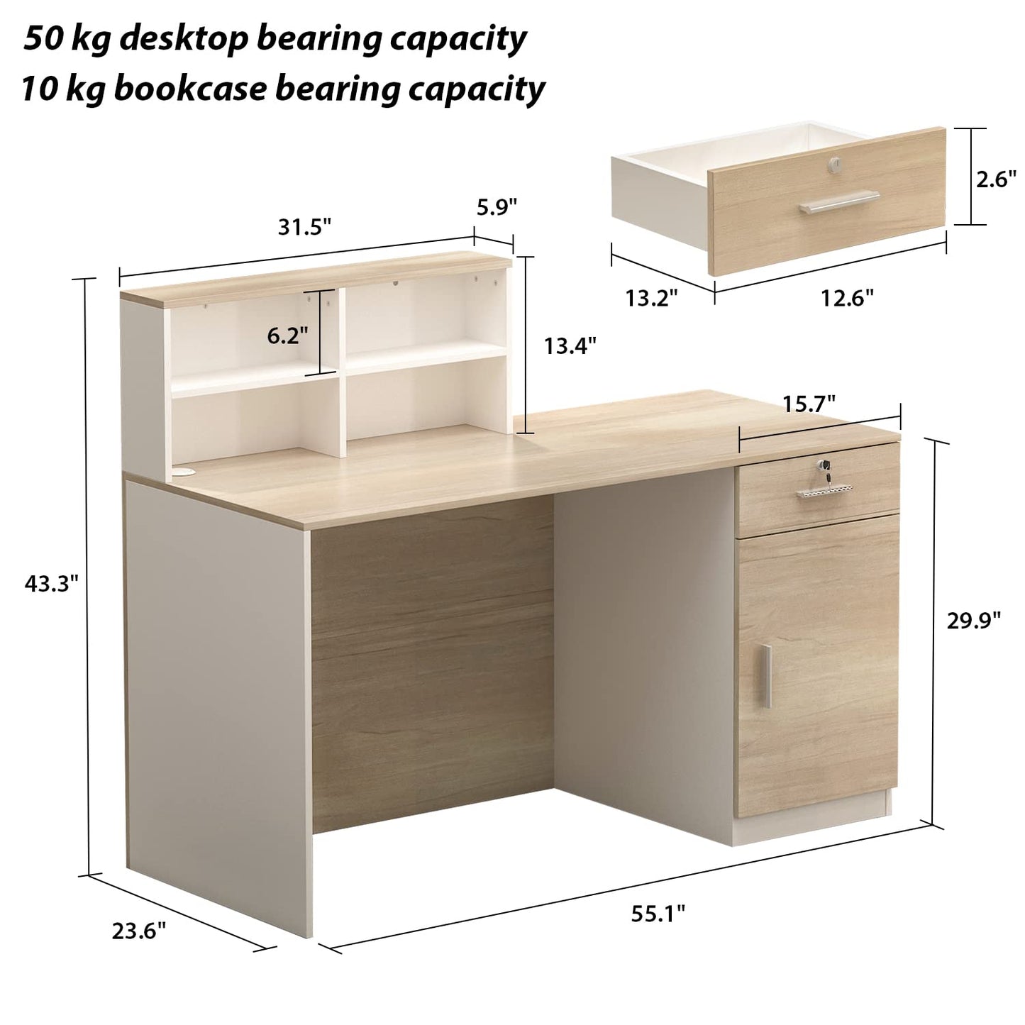 AIEGLE Reception Desk with Counter & Lockable Srotage Drawers, for Salon Reception Room Checkout Office, Natrual (55.1" L x 23.6" W x 43.3" H)
