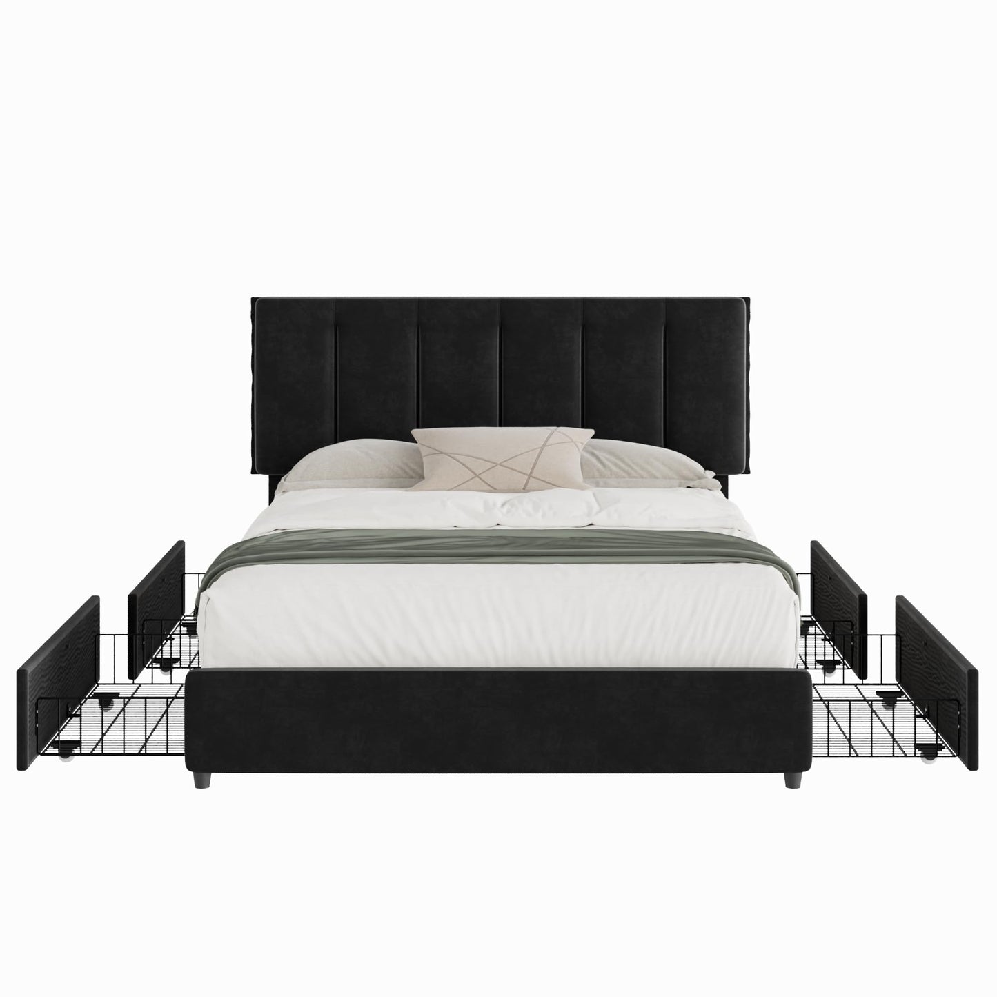VECELO Full Size Bed Frame with 4 Storage Drawers, Adjustable Height Headboard, Heavy-Duty Platform Bedframe with Strong Wooden Slats, No Box Spring Needed, Black