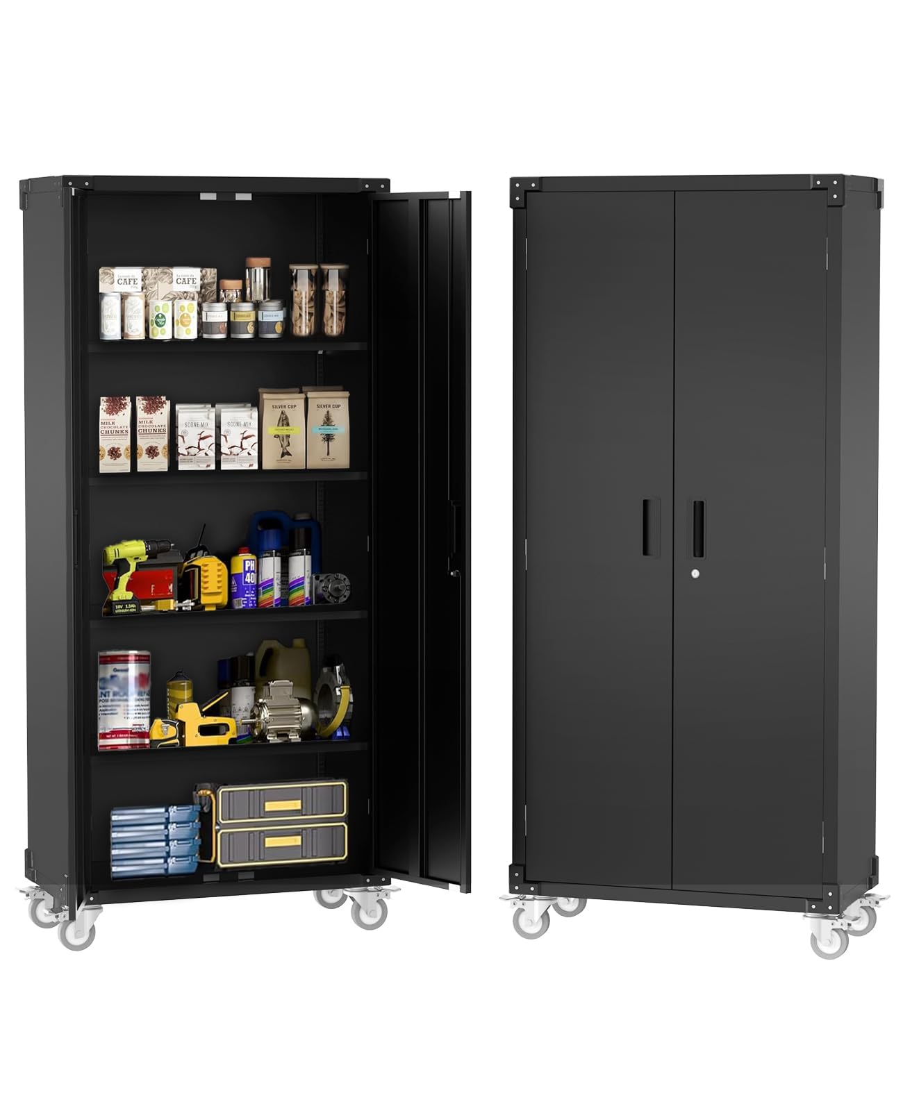 PeacefulHues 71 Inch Metal Storage Cabinet with Wheels and Lock, Tall Steel Tool Cabinet with 2 Doors and 4 Adjustable Shelves for Garage, Home Office, Utility Room, Black
