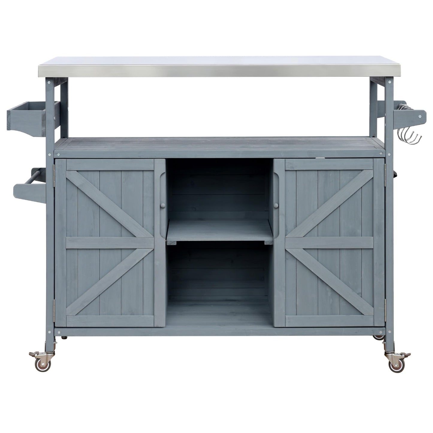 Ball & Cast Outdoor Kitchen Island,Rolling Bar Cart & Storage Cabinet,Farmhouse Solid Wood Outdoor Grill Table with Stainless Steel Top,Spice and Towel Rack,for Kitchen,Barbecue,Grey+Blue,50.25"