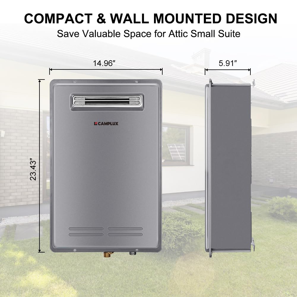 CAMPLUX Climatech 5 Tankless Water Heater Gas Outdoor 5.28 GPM Up to 6.4 GPM, 150,000 BTU On Demand Instant Tankless Hot Water Heater Natural Gas, Outdoor Installation, White, WA528, CSA