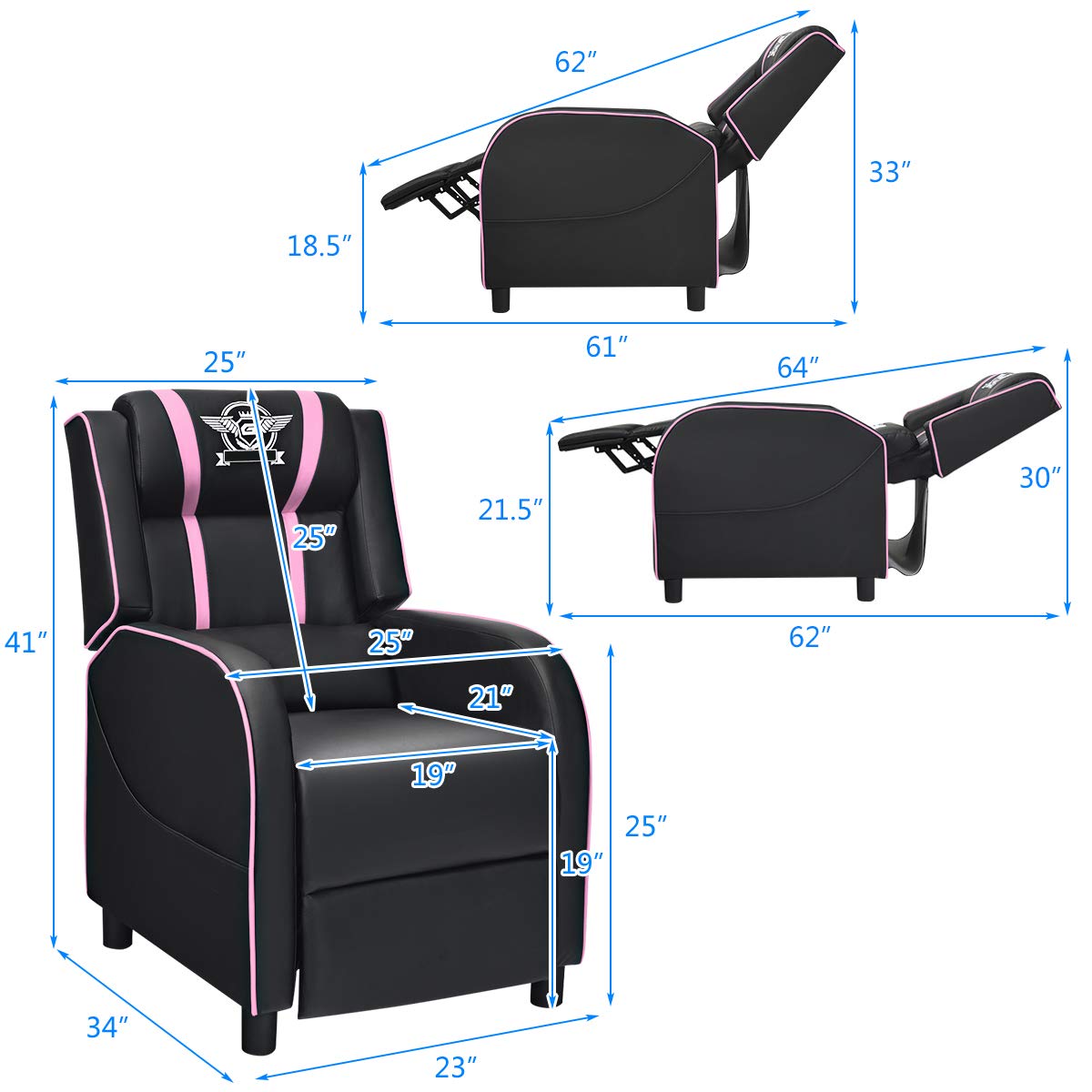 Giantex Gaming Recliner Chair, Adjustable Massage Gaming Chairs for Adults, Ergonomic Comfortable Lounge Leather Sofa w/Footrest, Remote Control & Side Pocket, Racing Style Single Sofa Recliners, Pink