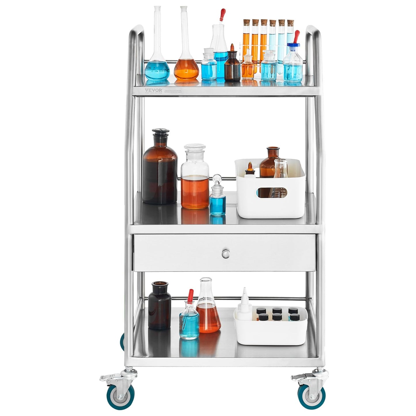 VEVOR Stainless Steel Utility Cart with 3 Shelves & 1 Drawer, 360 Swivel Casters, 220lbs Capacity