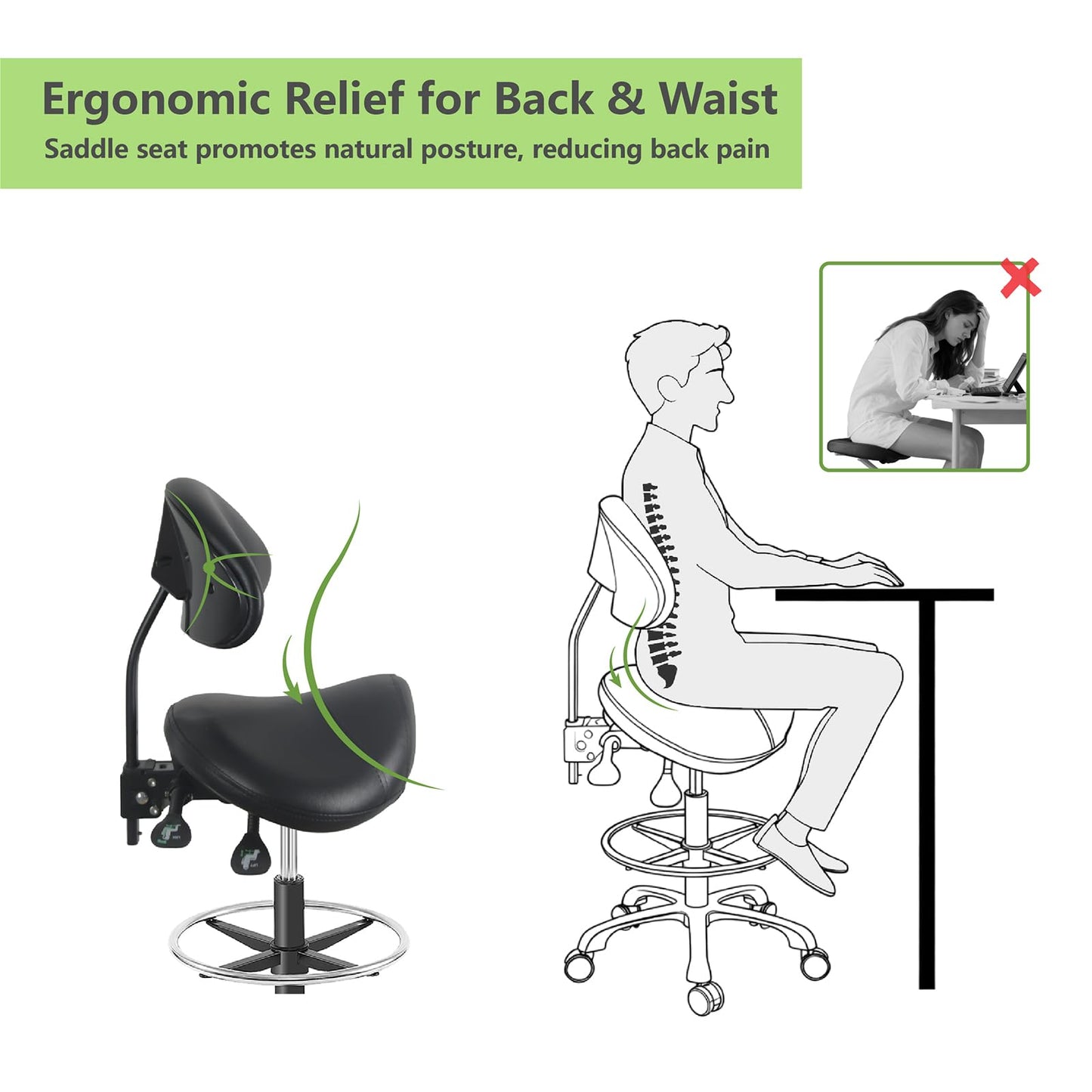 Ergonomic Adjustable Drafting Chair with Oversized Saddle Seat, Heavy-Duty Esthetician Stool for Salon Office Workshop Stool, Smooth Casters for Hard Soft Floors(with Backrest/Footrest,Black)