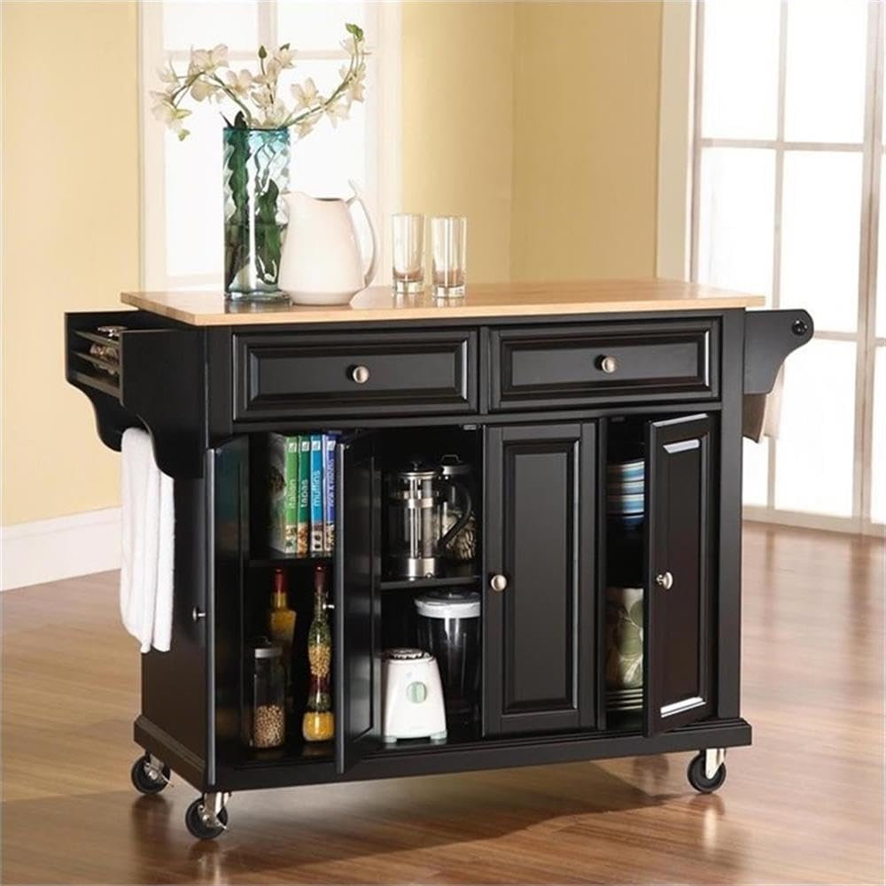 Crosley Furniture Full Size Wood Top Rolling Kitchen Island Storage Cart, Microwave Stand, Spice Rack, Black