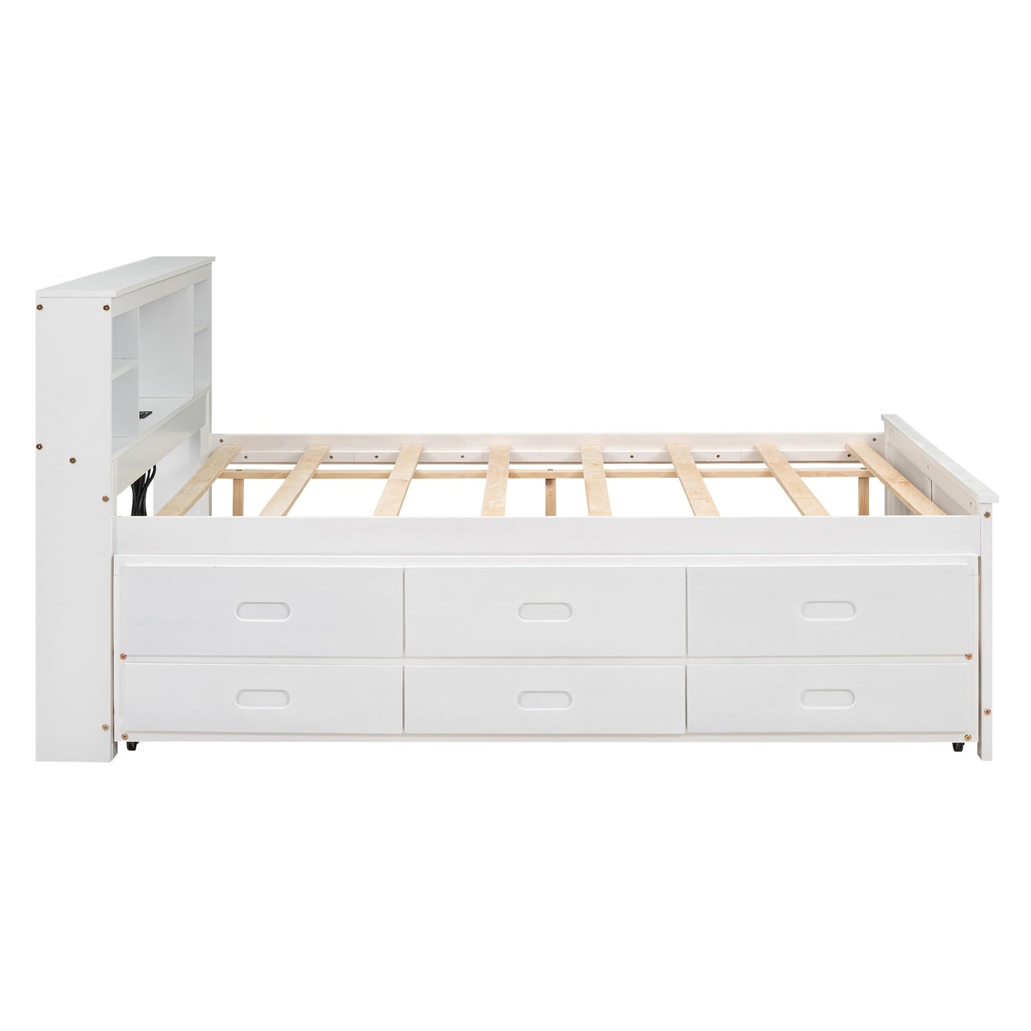 Merax Full Size Platform Bed with Storage Headboard, USB, Wood Bedframe with Twin Size Trundle and 3 Drawers, White