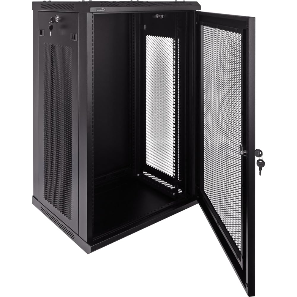 NavePoint 18U Server Rack Enclosure - 17.7” Deep, Wall Mount Network Cabinet with Locking Perforated Door, 19” IT Equipment Compatible, Network Rack, Removable Side Panels, Black