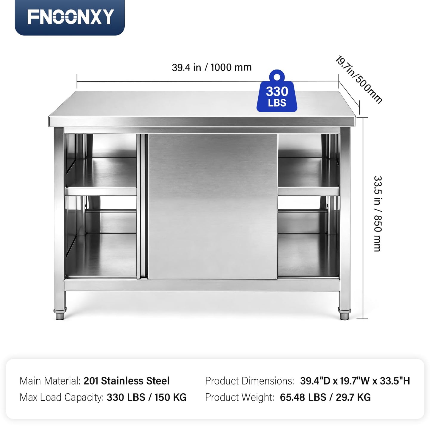 Stainless Steel Commercial Worktable w/Sliding Doors for Prep & Work 39.4" x 19.7" x 33.5" Commercial Kitchen Prep Table Heavy Duty Workbench w/Cabinet for Home Restaurant Hotel and Garage (Small)