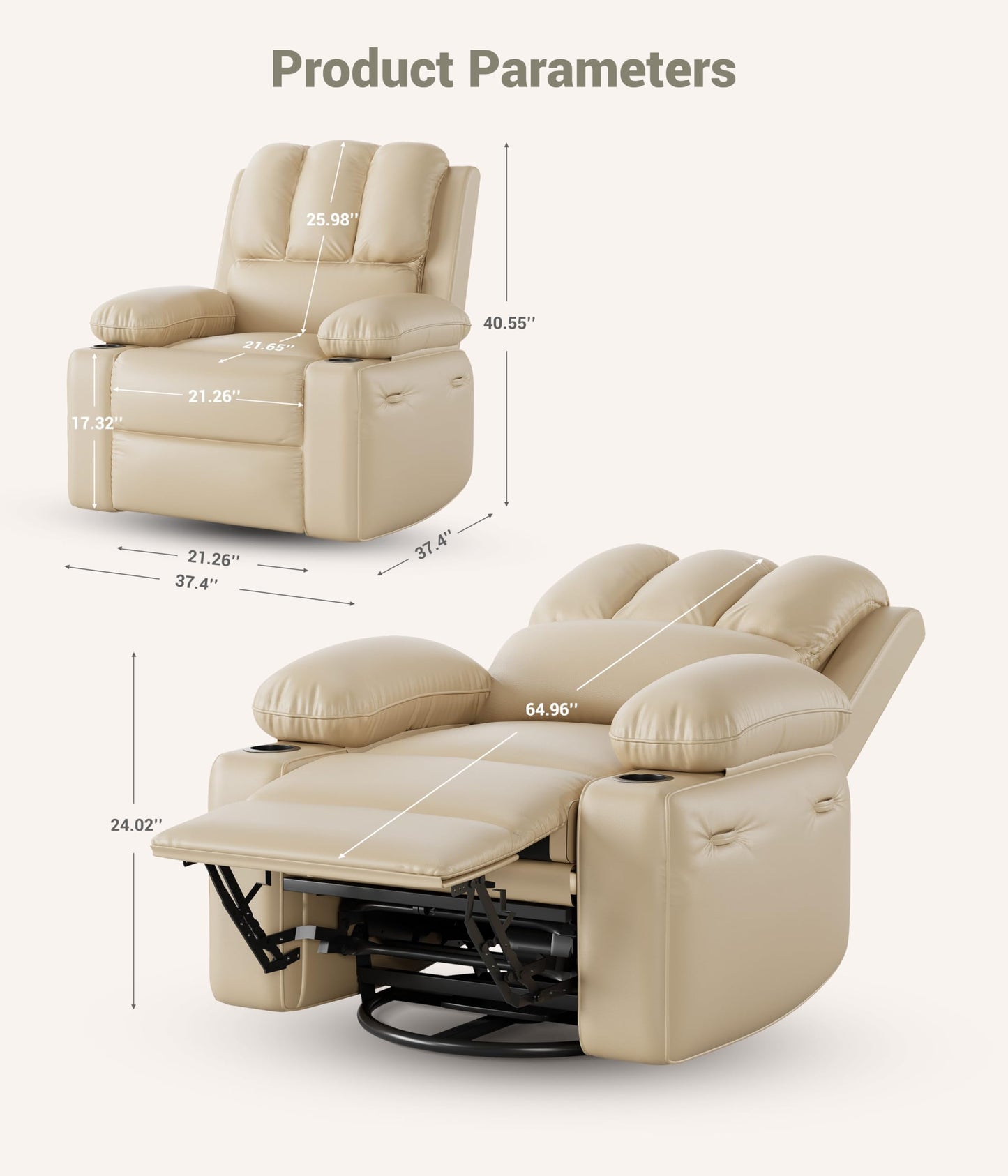 Patikuin Oversized Electric Recliner Chair for Living Room – PU Leather Swivel Rocker with Heat & Massage, 360° Rotating Base, Wide Seat, USB Port, Cup Holders, Side Pocket – Beige