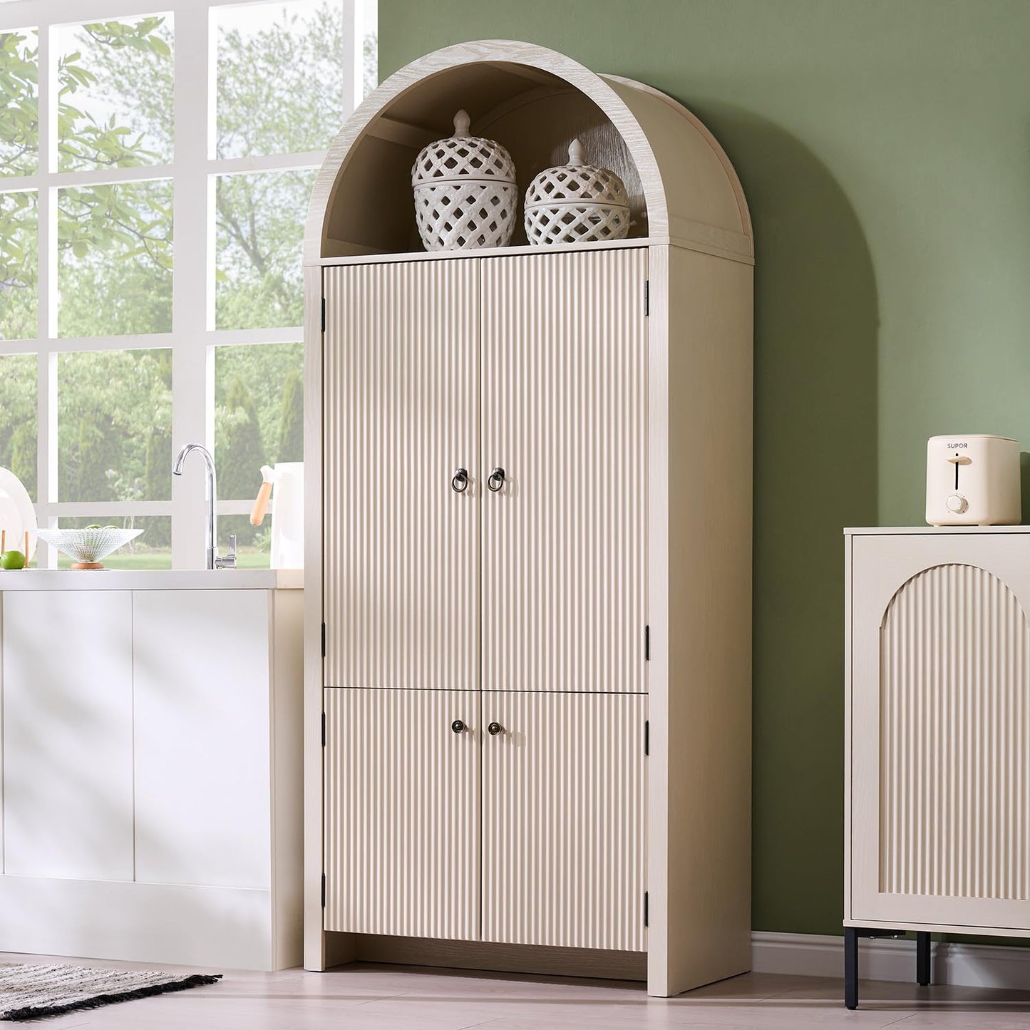 IFBUY 71" Tall Arched Bathroom Storage Cabinet, Modern Fluted Storage Cabinet w/Doors, 3 Adjustable Shelves, 6 Door Shelves, Wood Freestanding Cabinet for Bathroom, Entryway, Hallway, Cream