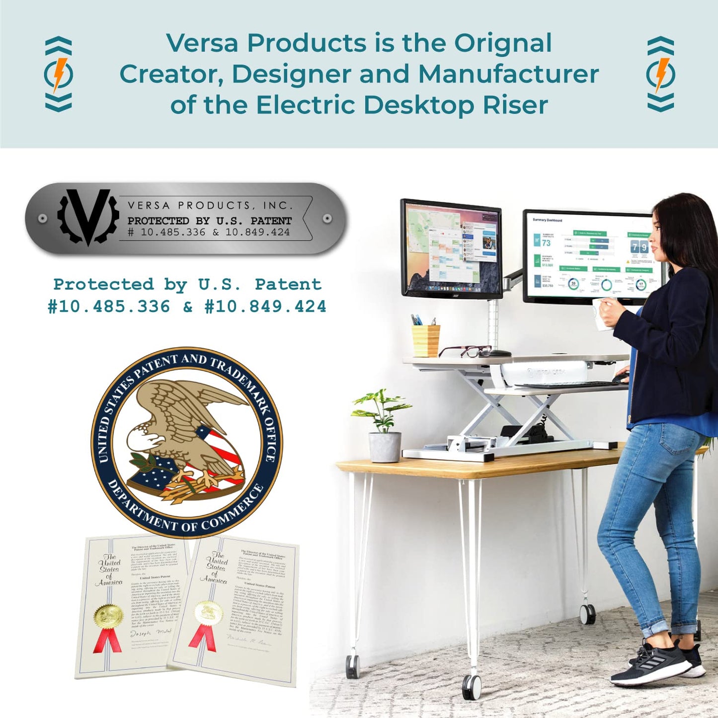 VERSADESK PowerPro 40 Inch Electric Standing Desk Converter – Push-Button Height Adjustable Sit to Stand Desk Riser for Triple Monitors & Laptop – Motorized Desktop Workstation with Wide Keyboard Tray