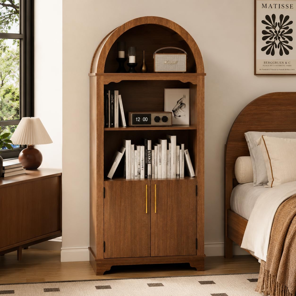 Trygoal 71'' Tall Arched Cabinet with Fluted Doors, Kitchen Pantry Farmhouse Cabinet with Open Display Shelves, Mid Century Modern Arched Bookcase for Living Room Dining Room Office Entryway, Walnut