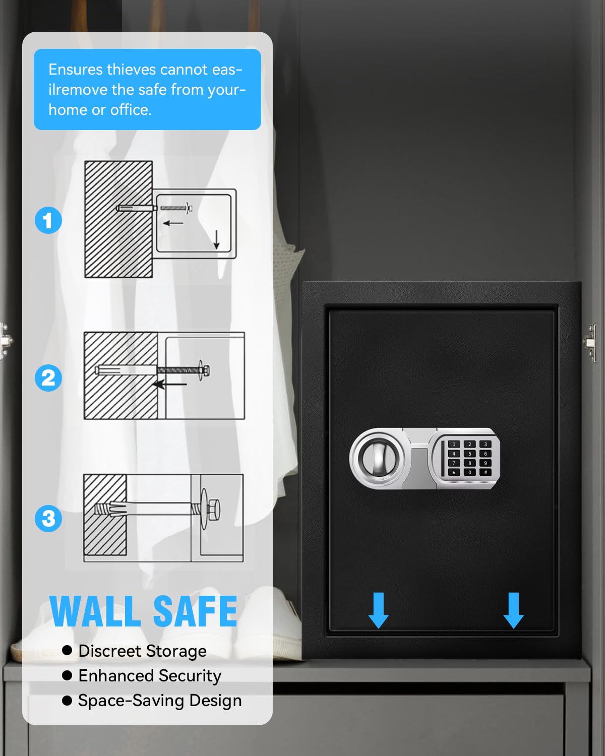 VaultHex Secure Home Safe with Alarm, USB-C Power & Quiet Access - 2.0 CuFt Mid-Size Cabinet Safe for Bedroom or Office, Motion Light, Keypad & Shelf