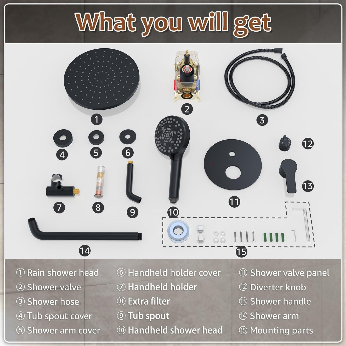 Iriber Mattle Black Bathtub Shower Faucet Set,Bathroom Shower System with Tub Spout ,Filtered Shower Head with Handheld, 9 Spray Mode Showerhead,Shower Valve Trim Kit Contain Cartridge,10 Inch