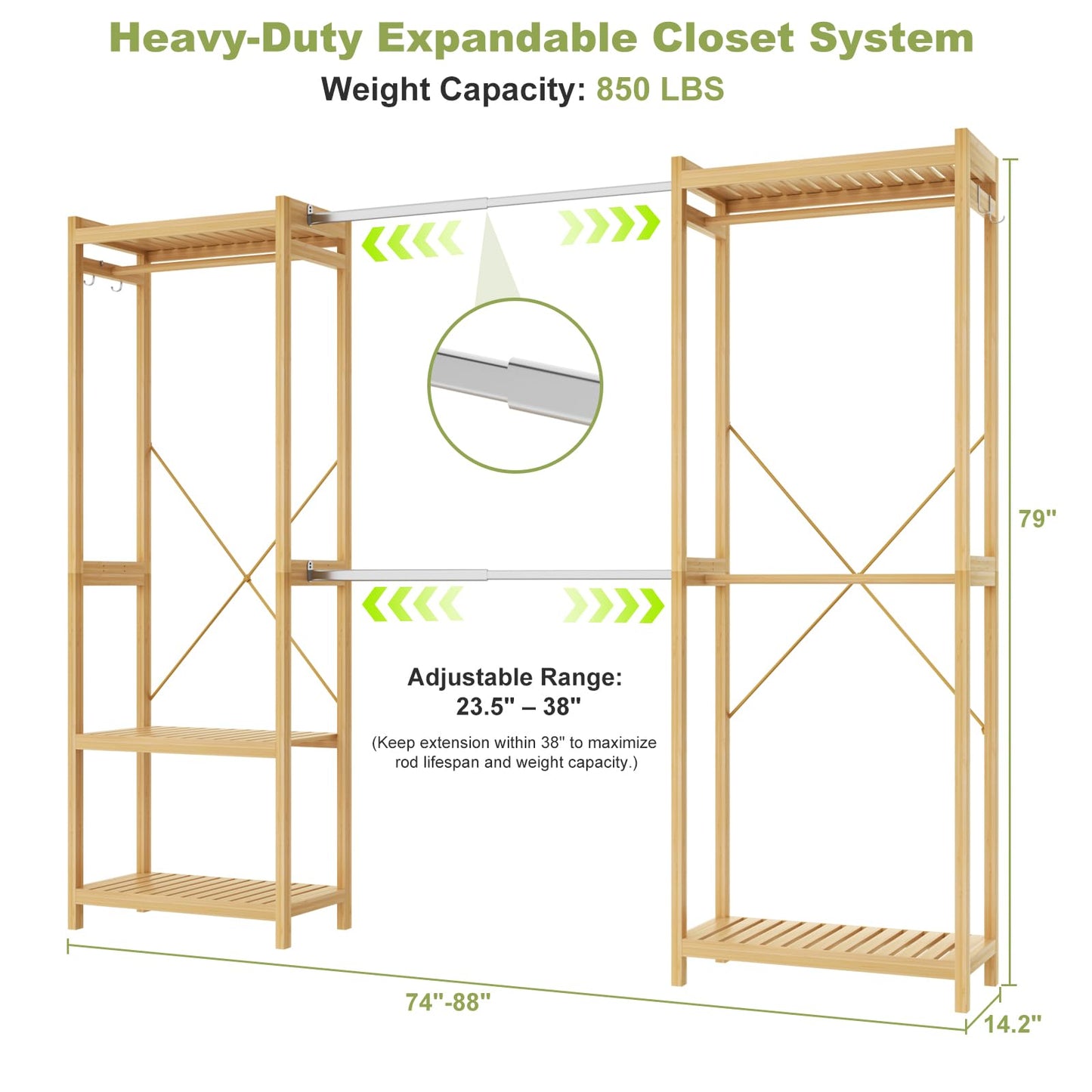 Homykic Bamboo Closet System, 74"-88" Expandable Clothing Rack with 5 Hanger Rods & Shelves, 6.6ft Tall Garment Rack Organizer for Walk-in Closet Bedroom, Max Load 850LBS, Easy to Assemble