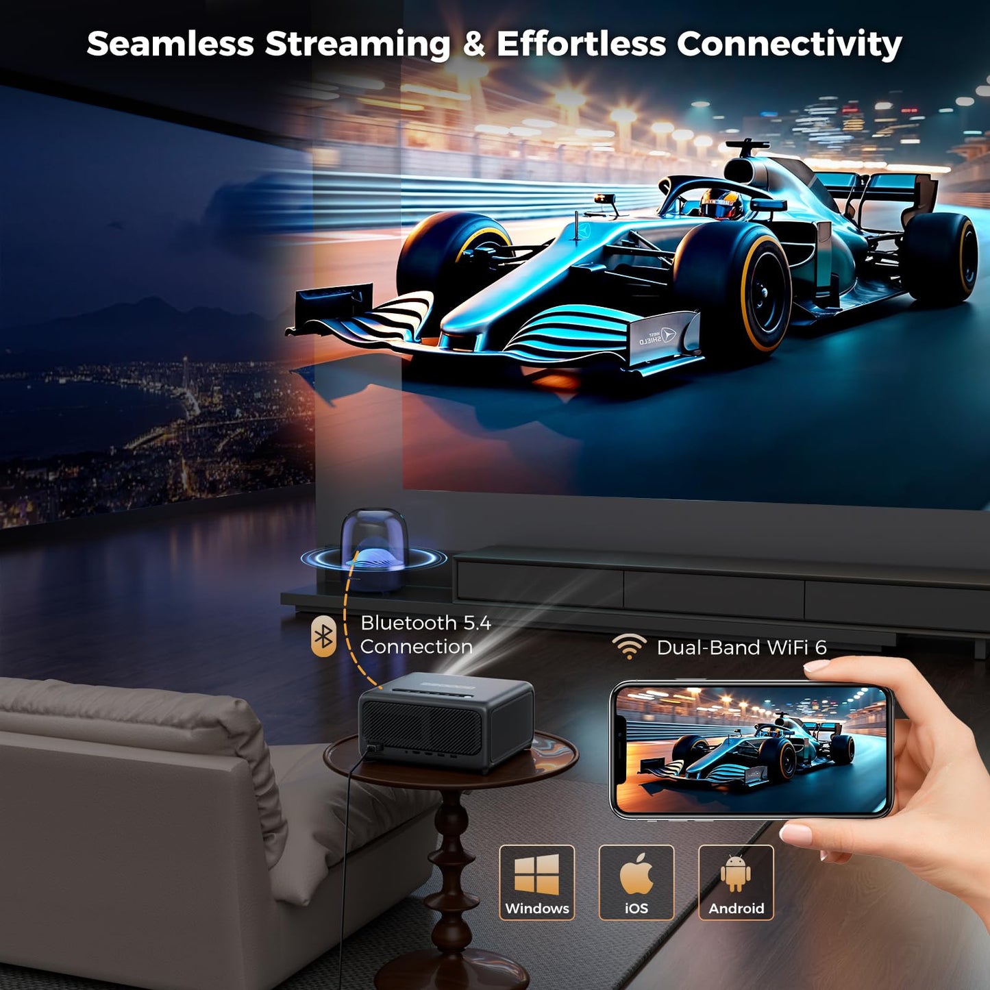 GooDee 4K Smart Projector with WiFi 6 & Bluetooth - UHD Movie Projector, ToF Auto Focus & Keystone, MEMC, Built-in Streaming Apps, Dolby Audio Home Theater for Outdoor Movie Night & Bedroom Cinema