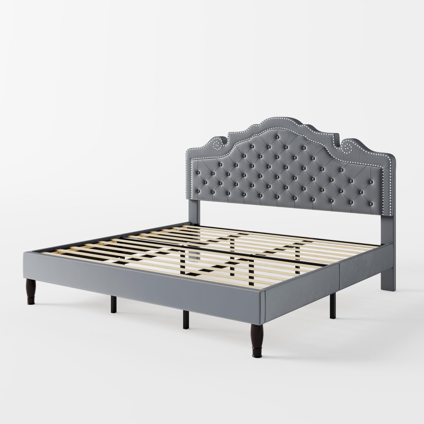 Allewie King Size Bed Frame with Adjustable Velvet Tiara Headboard, Upholstered Diamond Button Tufted Platform Bed, Wood Slats Support, No Box Spring Needed, Light Grey