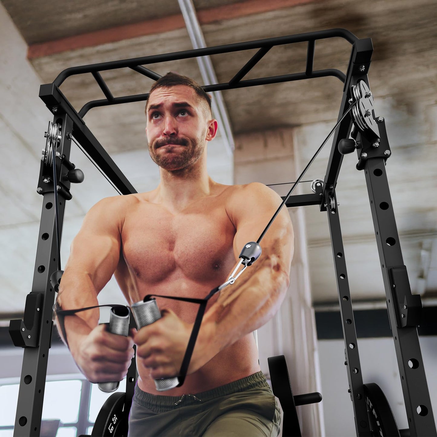 RitFit Multi-Function Garage & Home Gym Package Includes 1200LBS Power Cage PPC-P3 with Cable Crossover System, Weight Bench, Olympic Barbell Weight Set, Full Body Workout-BLK,Bumper Plate 230lbs