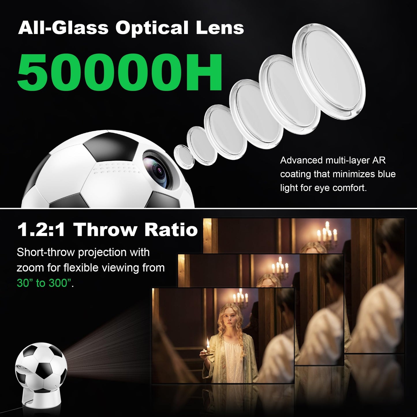 Soccer Fan's Ultimate Native 1080P Projector with Built-in Apps, Bluetooth Projector with Dual Bond Wi-Fi 6, 180° Rotatable Integrated stand, Gift for Big Soccer Match Supporters