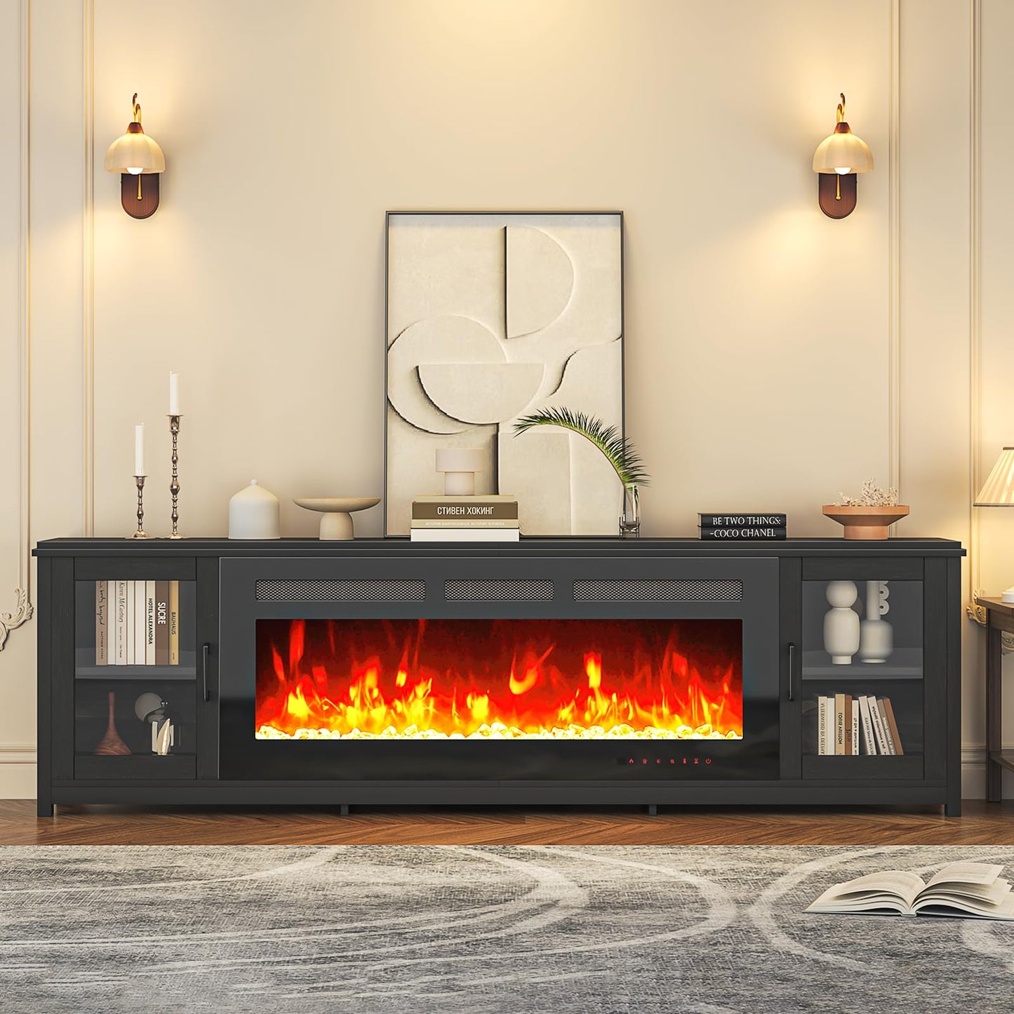 OneBlis 80" Fireplace TV Stand, Modern Entertainment Center with 50" Electric Fireplace for TVs Up to 90", TV Console for Living Room, All Black