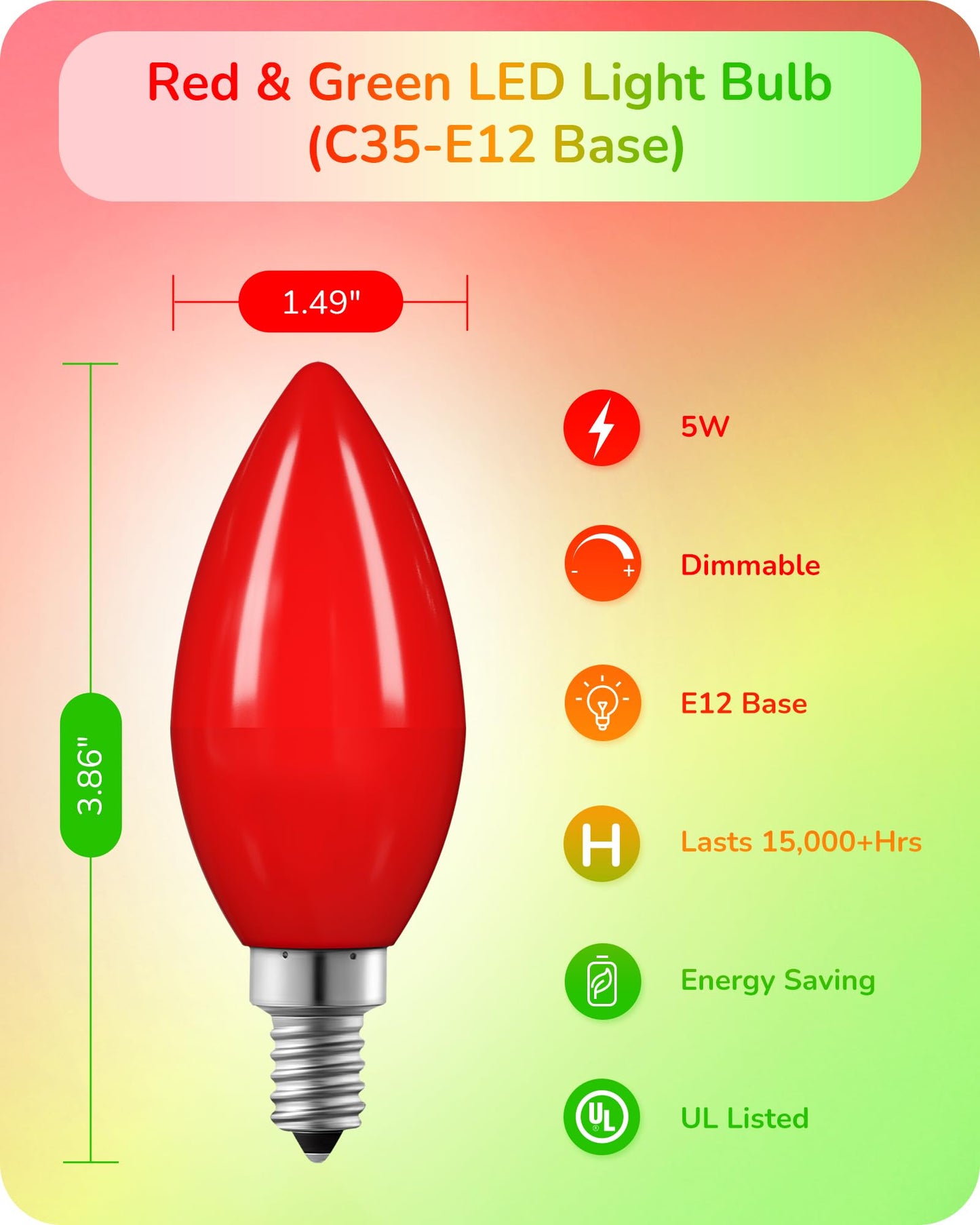 EDISHINE LED Candelabra Bulbs, Dimmable, 60 Watt Equivalent, Red & Green, Vintage Candle Light, Model HDCC35J, 6 Pack
