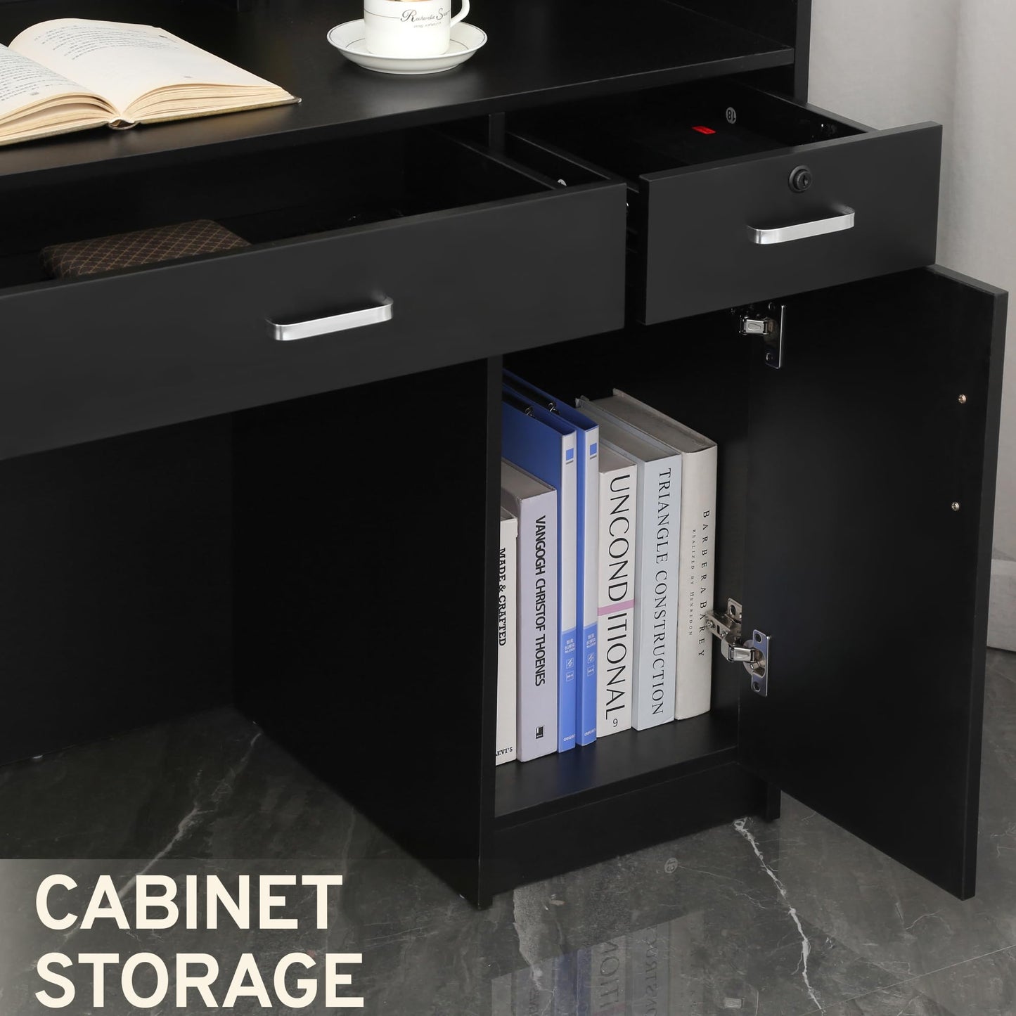 Houseables Receptionist Desk, Reception Desk with Counter, Checkout Counter, Cashier, Front Office, Small Spaces, Retail Table, Modern, Black, for Cash, Lobby, Salon, Store, Check Out/in, 47x44x19in