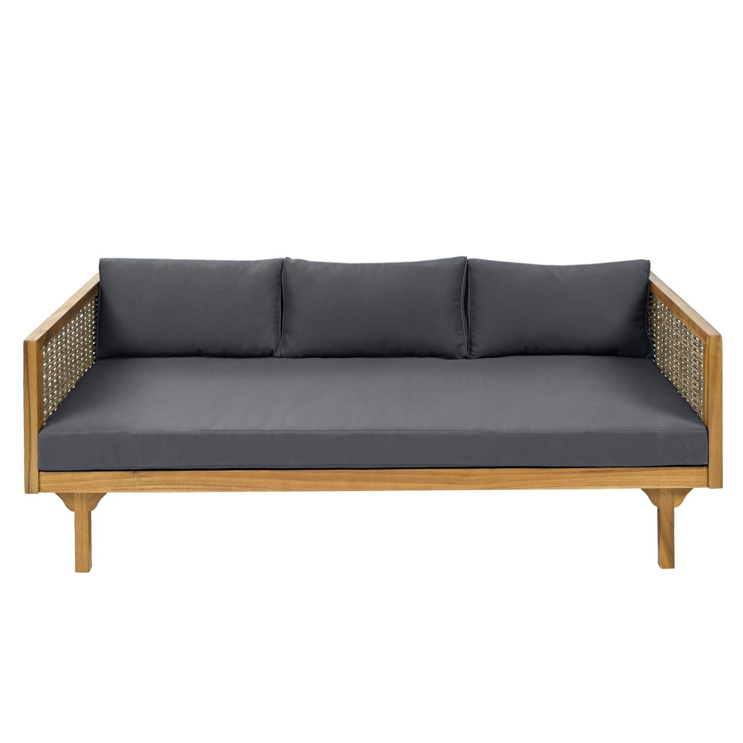 Christopher Knight Home Claremont Patio Sofa and Coffee Table Set, 2 Piece Wicker Patio Furniture Set, Acacia Wood 3 Seater Outdoor Sofa Daybed and Coffee Table Set, Teak+Dark Grey