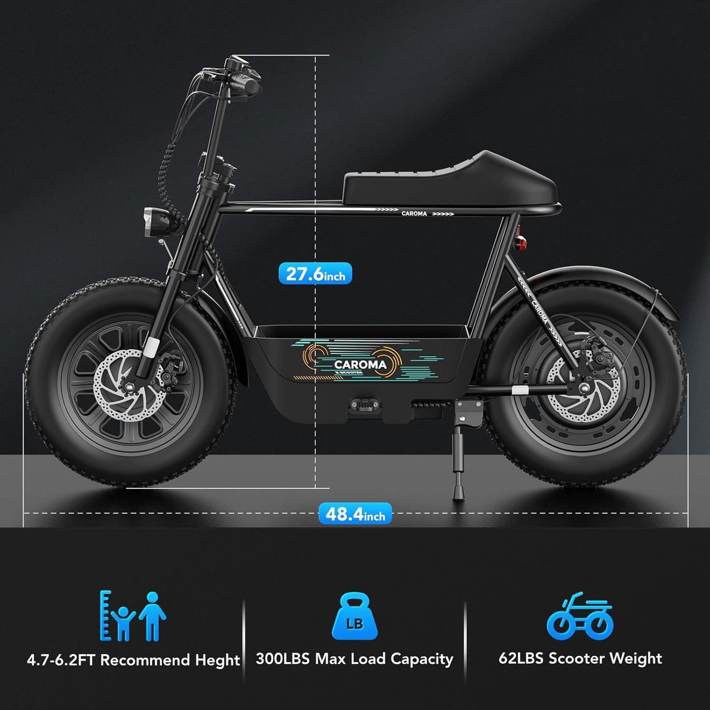 Caroma Peak 560W Electric Scooter with Seat, 16" Fat Tire Electric Scooter for Adults & Teens, 15 Miles Ranges 20MPH Max Speed, Electric Motorcycle for Commuting with Basket