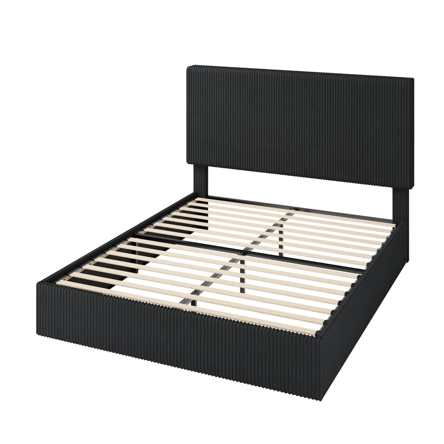 Allewie Queen Bed Frame, Upholstered Platform Bed, Adjustable Vertical Channel Tufted Headboard, Corduroy Fabric, Modern Low Profile, Wooden Slats, No Box Spring Needed, Easy Assembly, Black