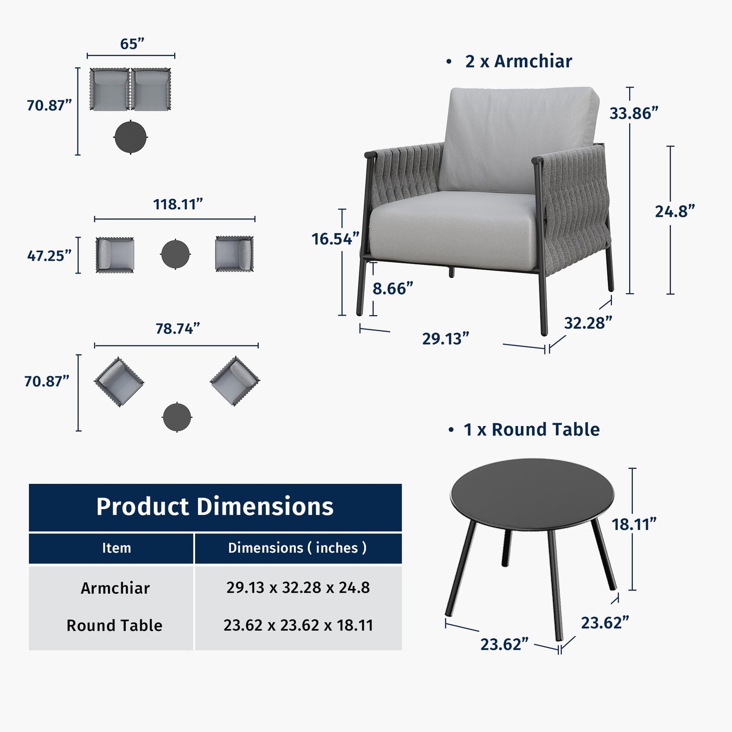 East Oak 3-Piece Patio Furniture Set | Armchairs & Coffee Table | Outdoor Furniture with Cushions | Deep Seating Modern Conversation Set | Garden, Porch, Balcony & Backyard | Misty Grey