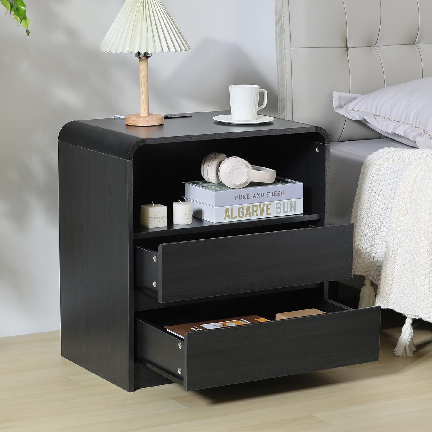 HtThalamic Modern Nightstands Set of 2, Black Night Stand with Charging Station, Wood End Table with 2 Drawers, 23.6'' Wide Bedside Cabinet for Bedroom