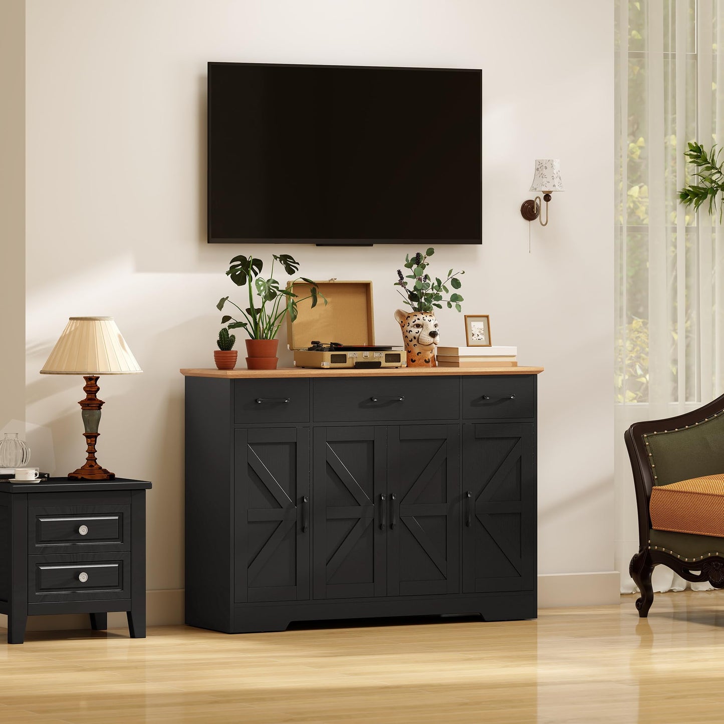 HOMCOM 47" Sideboard Buffet Cabinet, Farmhouse Credenza with Soft-Close Hinges, Coffee Bar Cabinet with Spice Racks, 3 Drawers and 3 Adjustable Shelves, Black