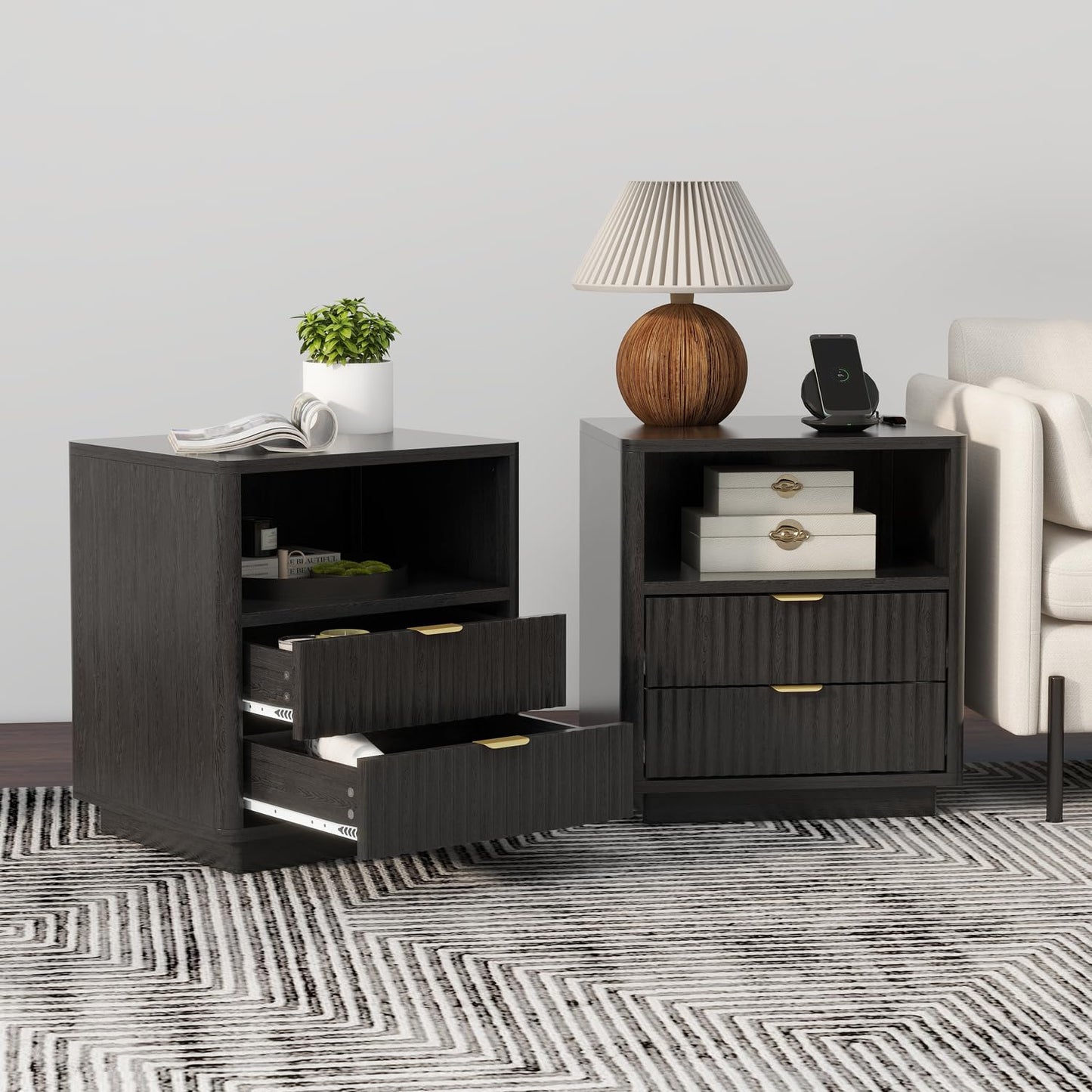 ROCSUMOO Black Nightstands Set of 2, Fluted Nightstands with 2 Drawers and Open Shelves, Large Wooden Night Stands Modern Design Night Stand for Bedroom Sofa Office (2, Black)
