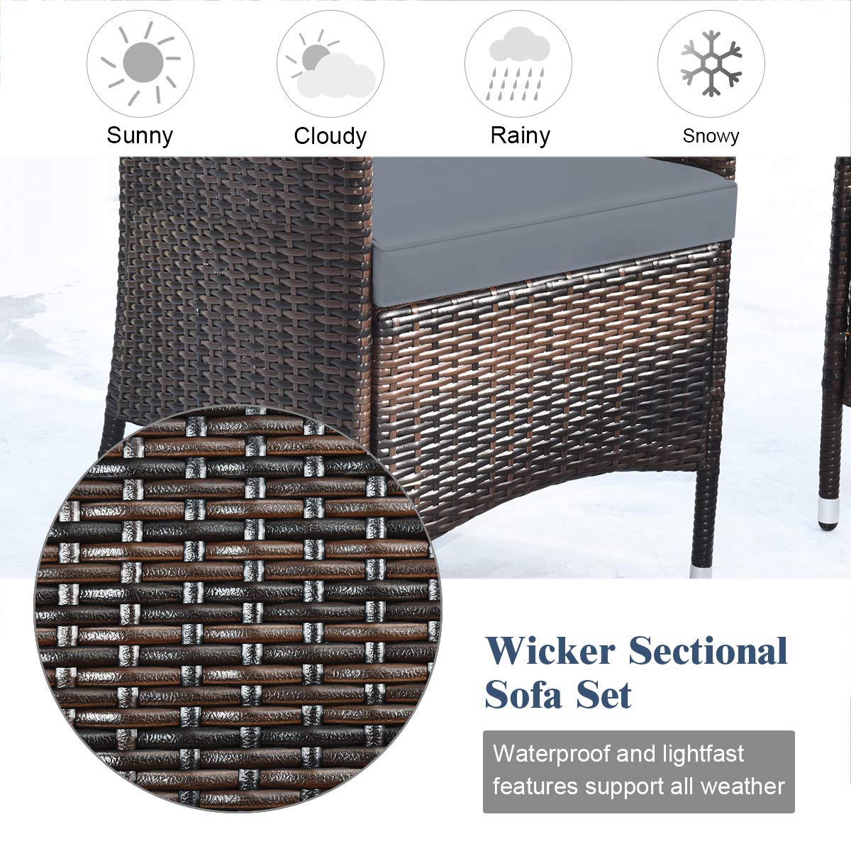 Tangkula 4 PCS Patio Rattan Conversation Set, Outdoor Wicker Furniture Set with Tempered Glass Coffee Table &Thick Cushion, Rattan Chair Wicker Set for Garden, Lawn, Poolside and Backyard (1, Gray)