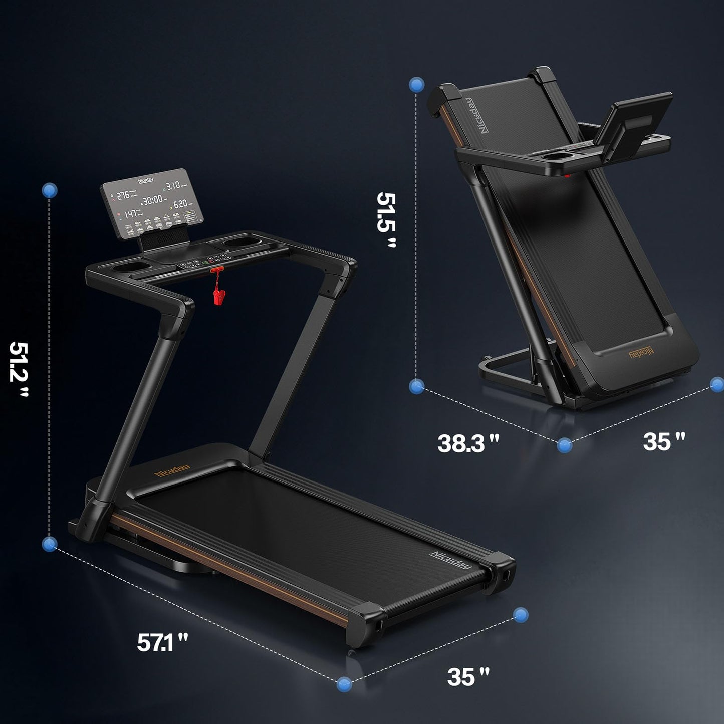 Niceday TM2 Treadmill with 18% Auto Incline, 3.0HP Brushless Wide Belt Foldable Home Treadmills with Handles,380 lb Capacity, Smart Fitness Apps and 0.6-8.7MPH Indoor Running Machine for Fun Home Gym