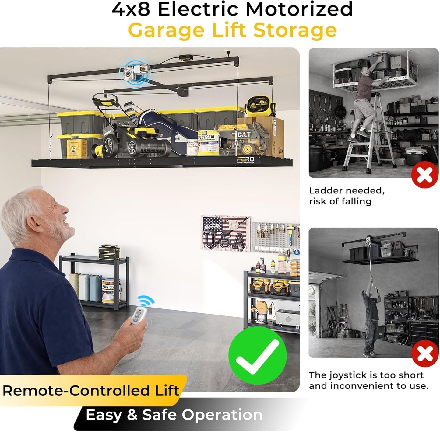 FERO Motorized Overhead Garage Storage Rack with Remote Control, Heavy-Duty Ceiling Mounted Organizer, 4x8 FT Ceiling Storage Lift System, Space-Saving Hanging Garage Shelves, 325 LBS Capacity (Motor)