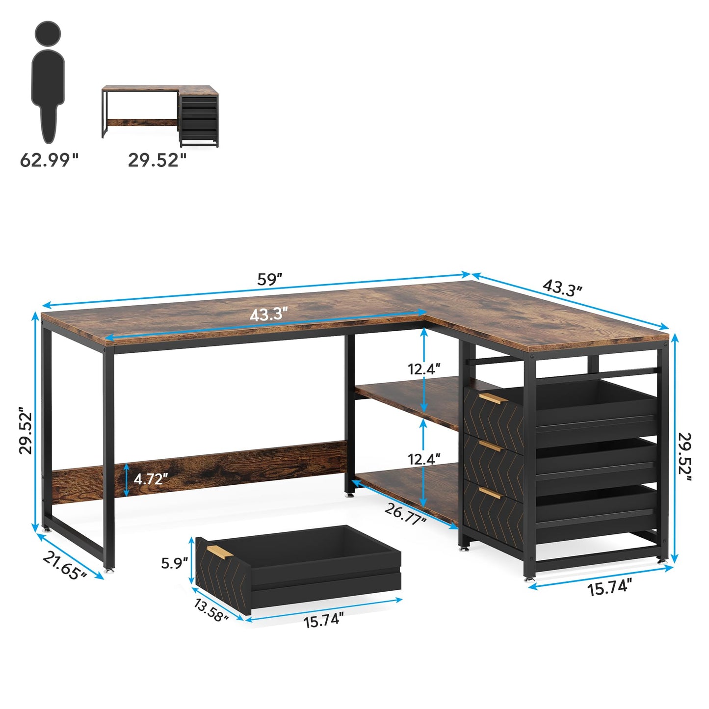 LITTLE TREE 59-Inch L Shaped Desk with Drawers, Large Computer Desk with Storage Shelves, Reversible L-Shaped Corner Desk Workstation for Home Office